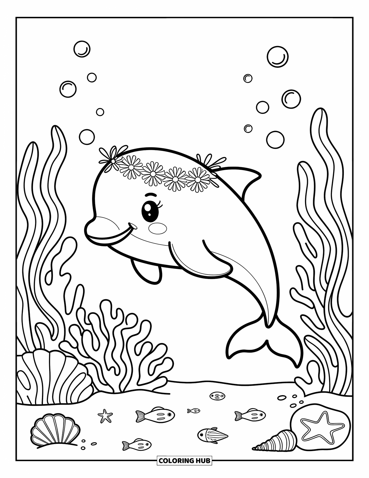 Dolphin Coloring Page for Adults: A dolphin with a flower crown glides by corals with seashells and bubbles