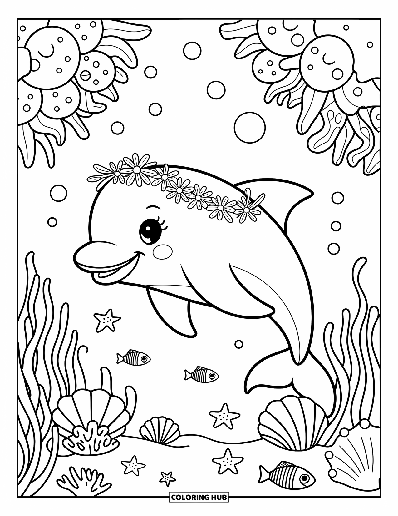 Dolphin Coloring Page for Adults: A dolphin with a flower crown swims through coral with tiny fish and seaweed