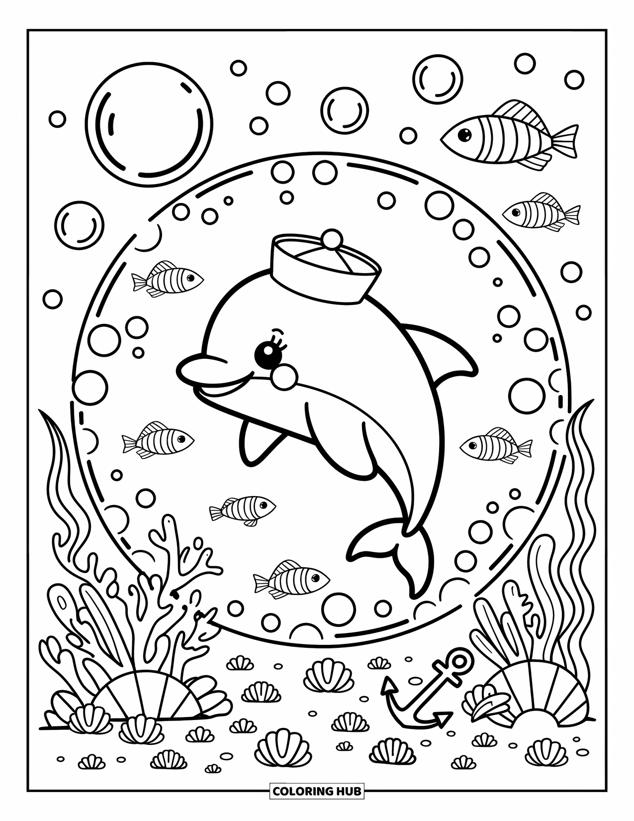 Dolphin Coloring Page for Adults: A dolphin with a sailor hat leaps playfully through bubbles surrounded by fish