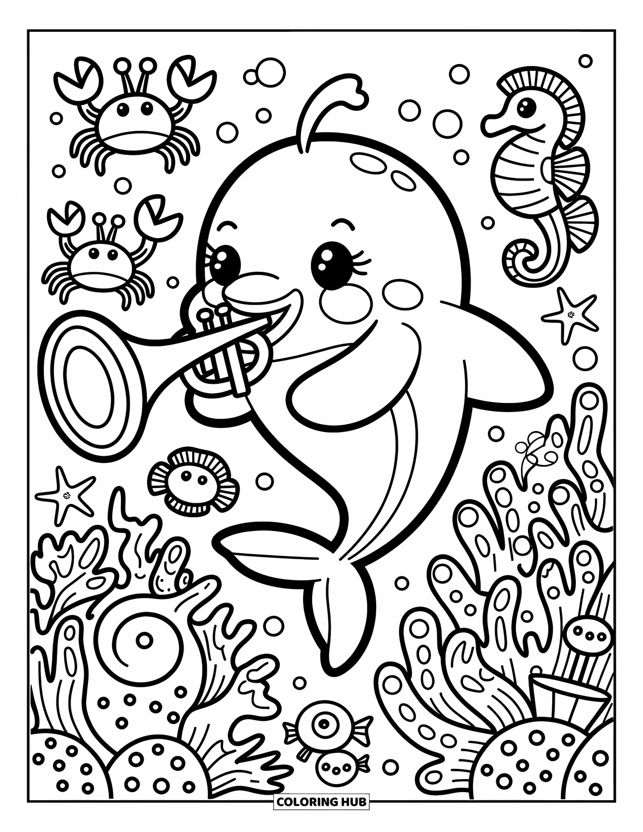 Dolphin Coloring Page for Adults: A dolphin with a seashell trumpet leads a cheerful underwater band with bubbles