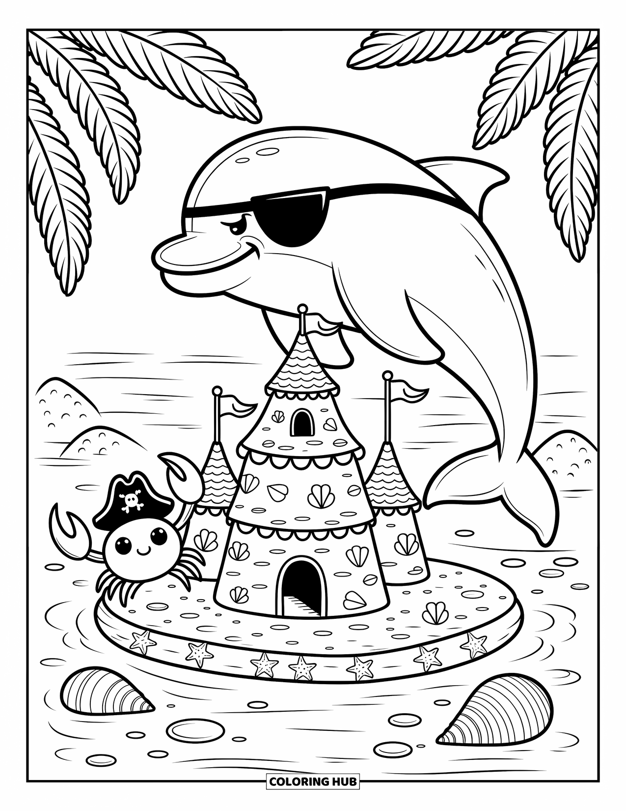 Dolphin Coloring Page for Adults: A dolphin with an eye patch guards a sandcastle adorned with shells and starfish