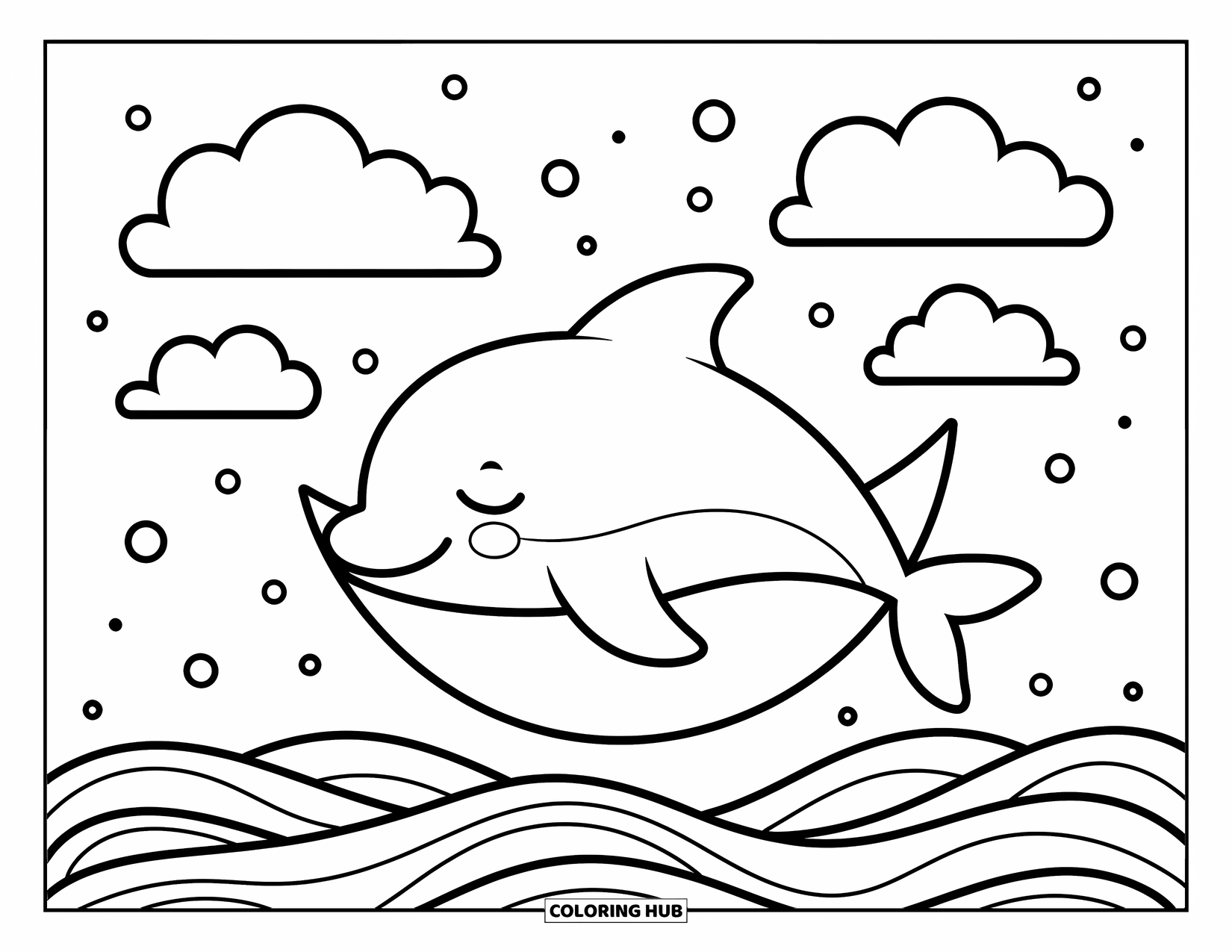 Dolphin Coloring Page for Adults: A dolphin with closed eyes cozily naps on a crescent moon above gentle ocean waves