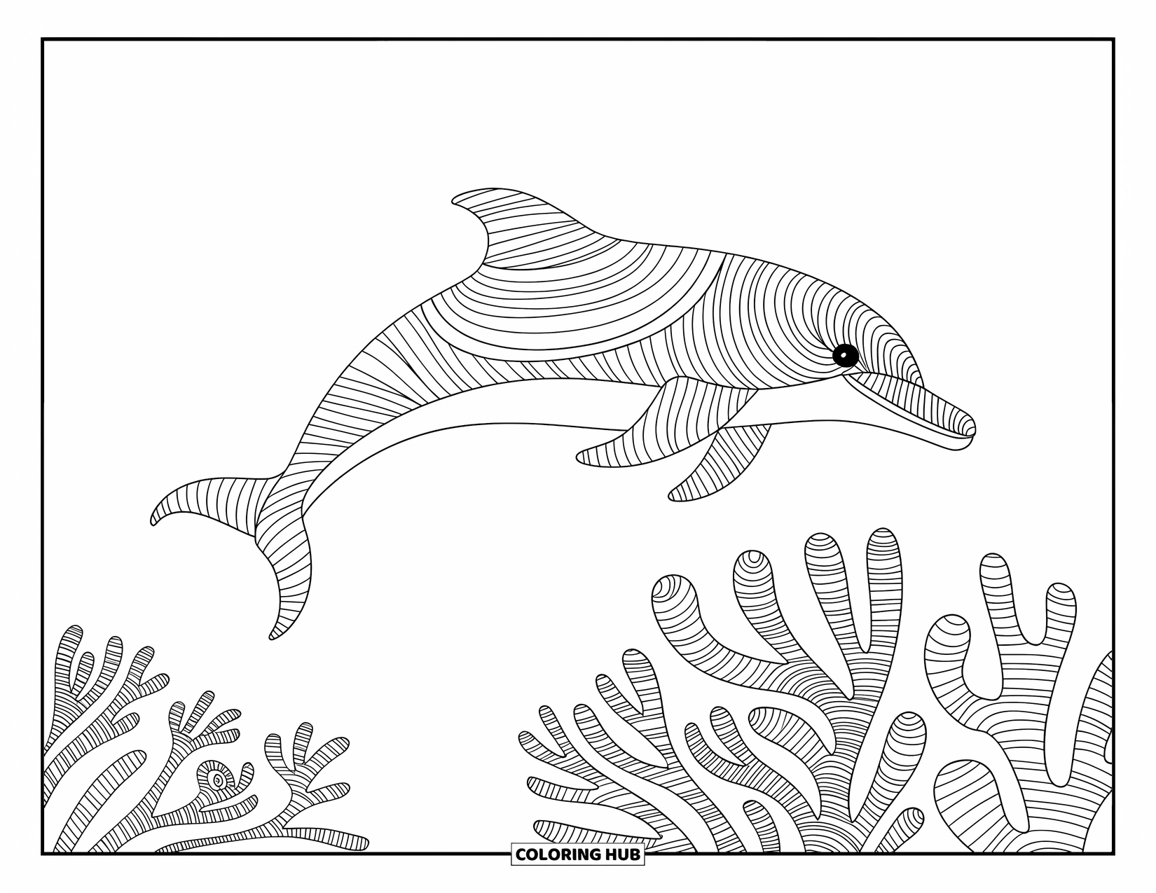 Dolphin Coloring Page for Adults: A dolphin with intricate patterns glides gracefully through ornate coral