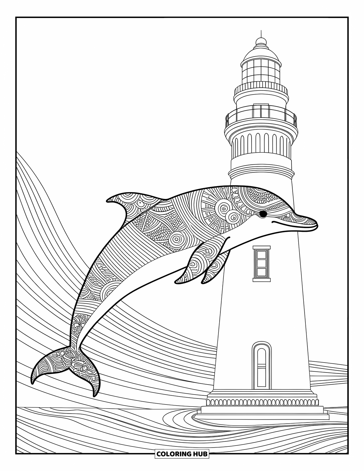Dolphin Coloring Page for Adults: A dolphin with intricate patterns gracefully swimming under a lighthouse