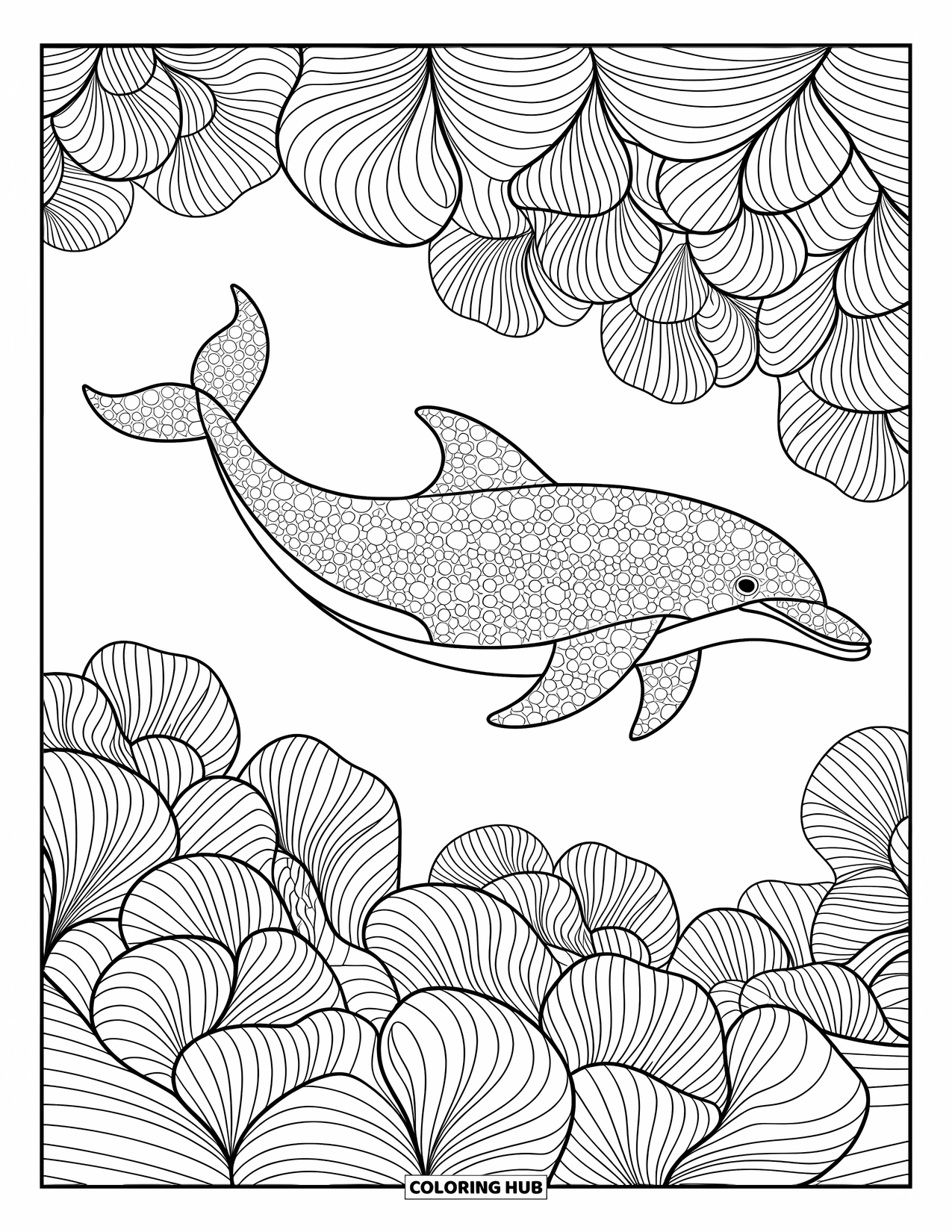 Dolphin Coloring Page for Adults: A dolphin with intricate patterns swims peacefully through soft waves