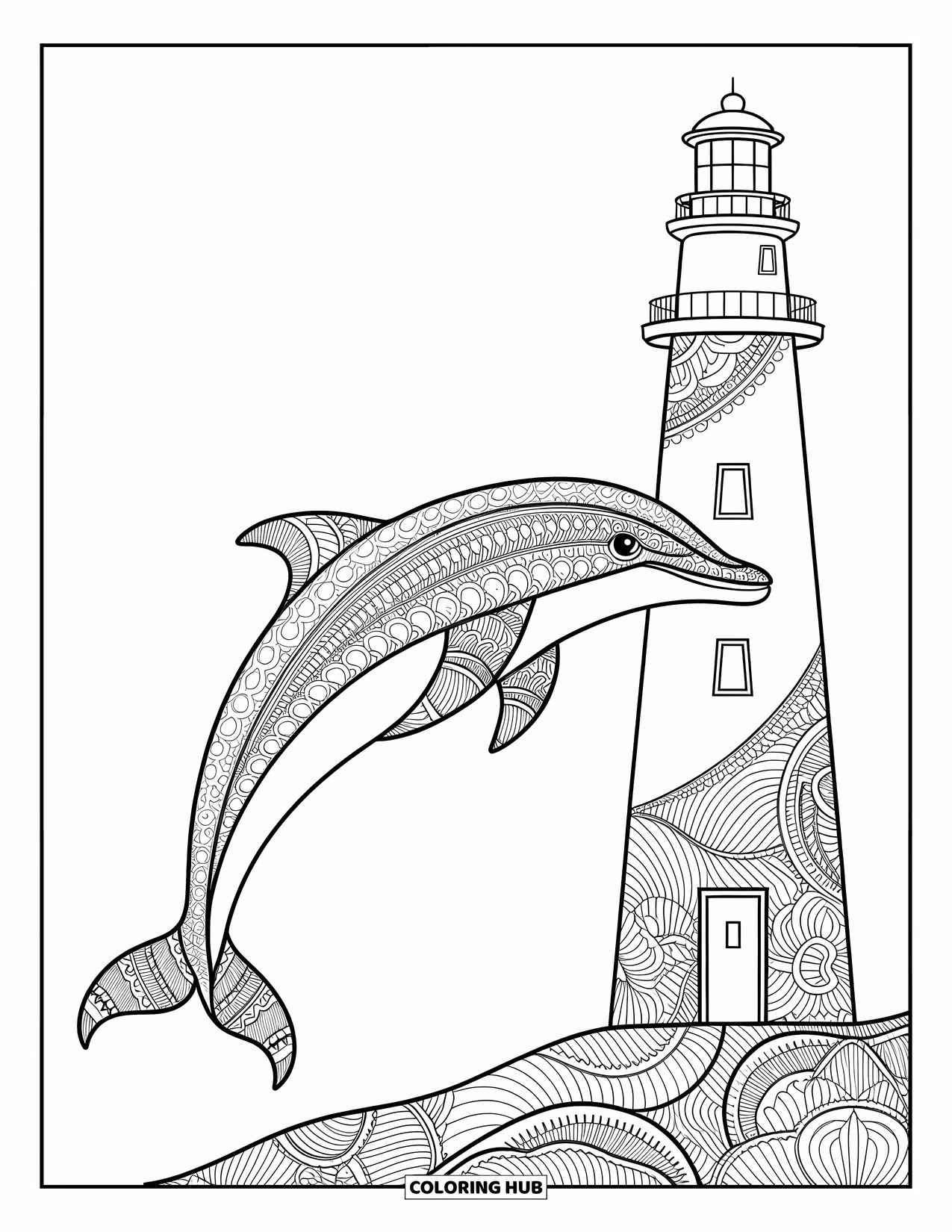 Dolphin Coloring Page for Adults: A dolphin with mandala-like designs swimming under a lighthouse