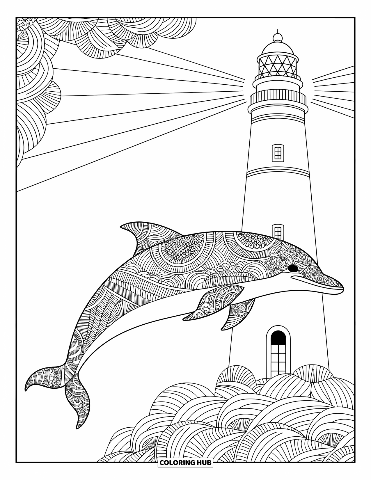 Dolphin Coloring Page for Adults: A dolphin with mandala patterns swimming beneath a towering lighthouse