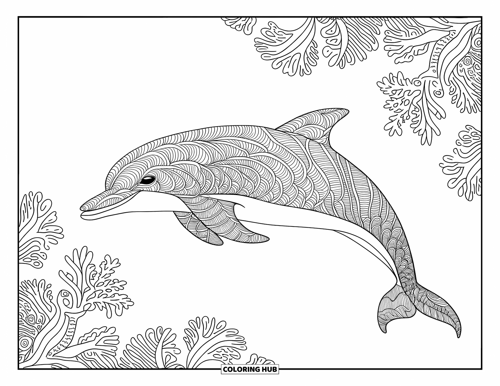 Dolphin Coloring Page for Adults: A dolphin with mosaic-like patterns swims through abstract floral designs