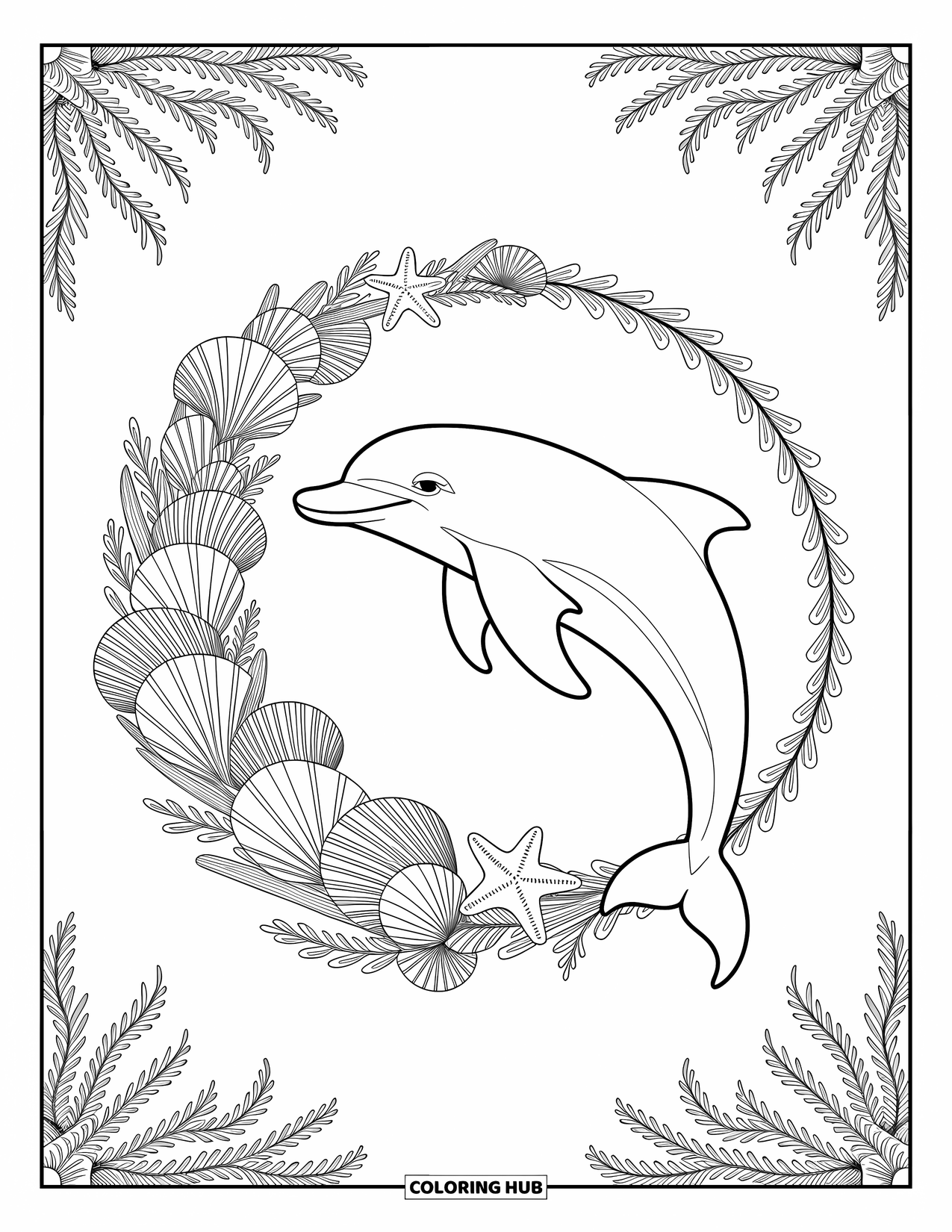 Dolphin Coloring Page for Adults: A dolphin with seashells, starfish, and seaweed forming a delicate wreath