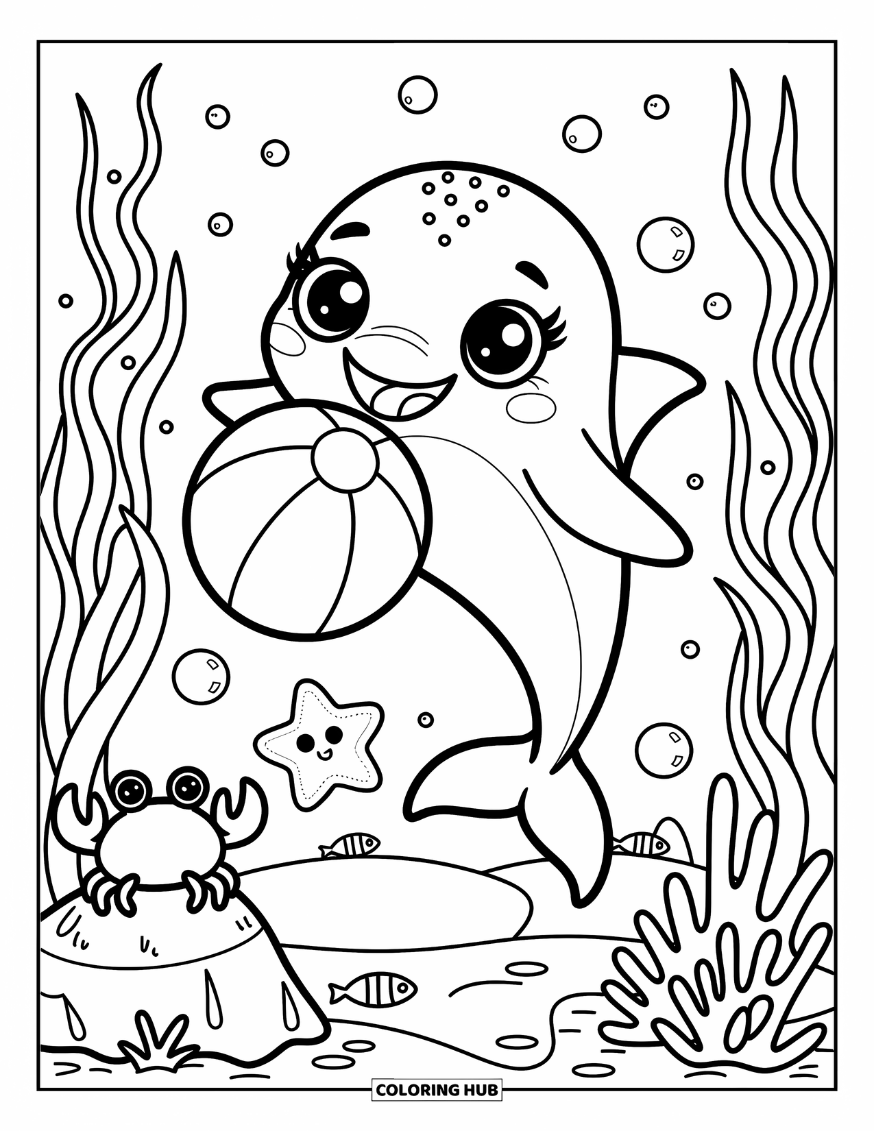 Dolphin Coloring Page for Adults: A dolphin with sparkly eyes balances a ball on its nose with seashells and bubbles