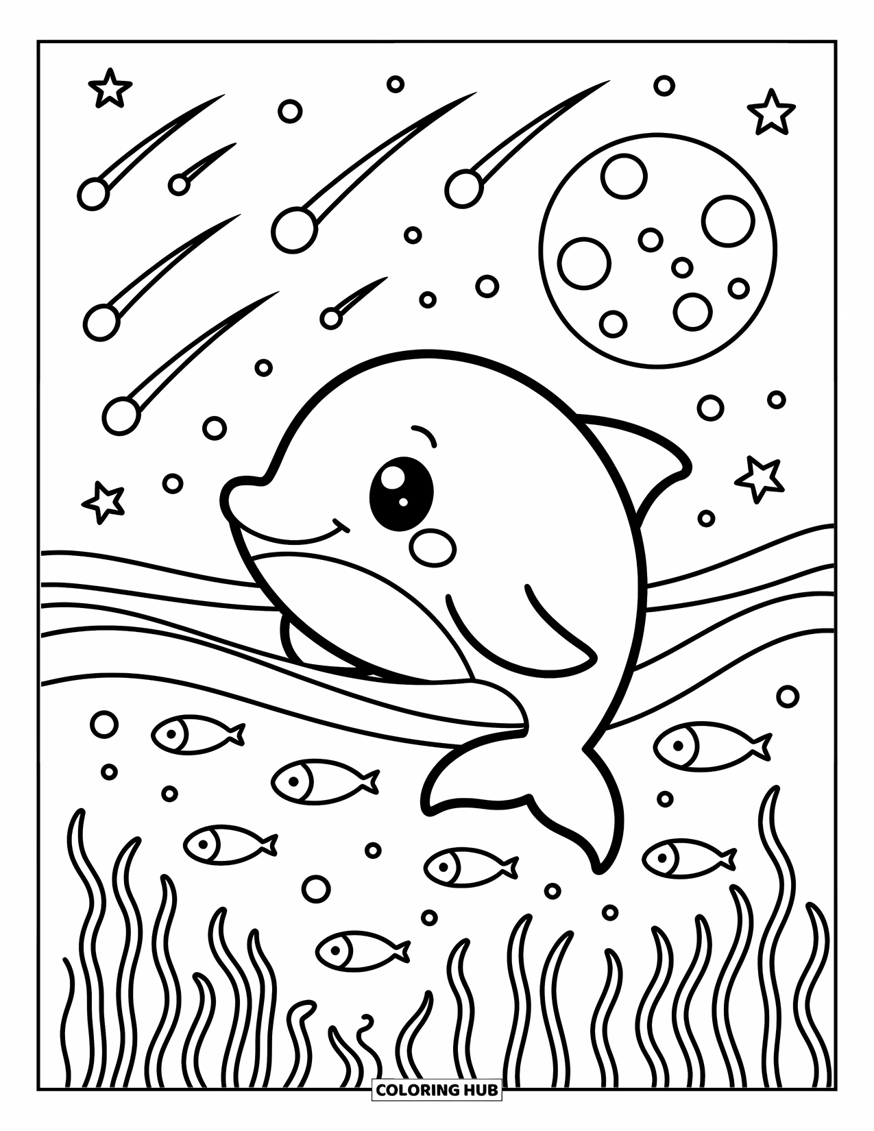 Dolphin Coloring Page for Adults: A dreamy dolphin floats under stars with fish and seaweed swaying below