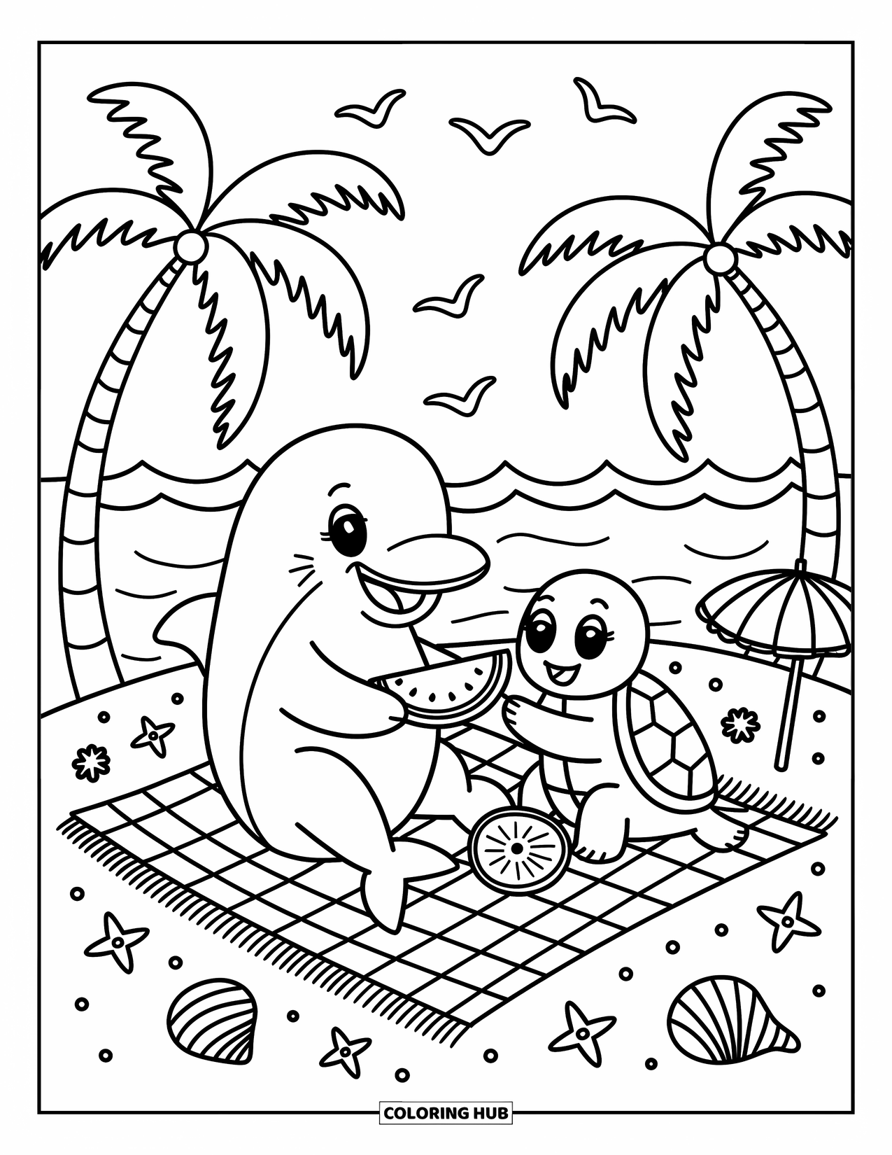 Dolphin Coloring Page for Adults: A happy dolphin shares watermelon with a turtle on a picnic blanket underwater