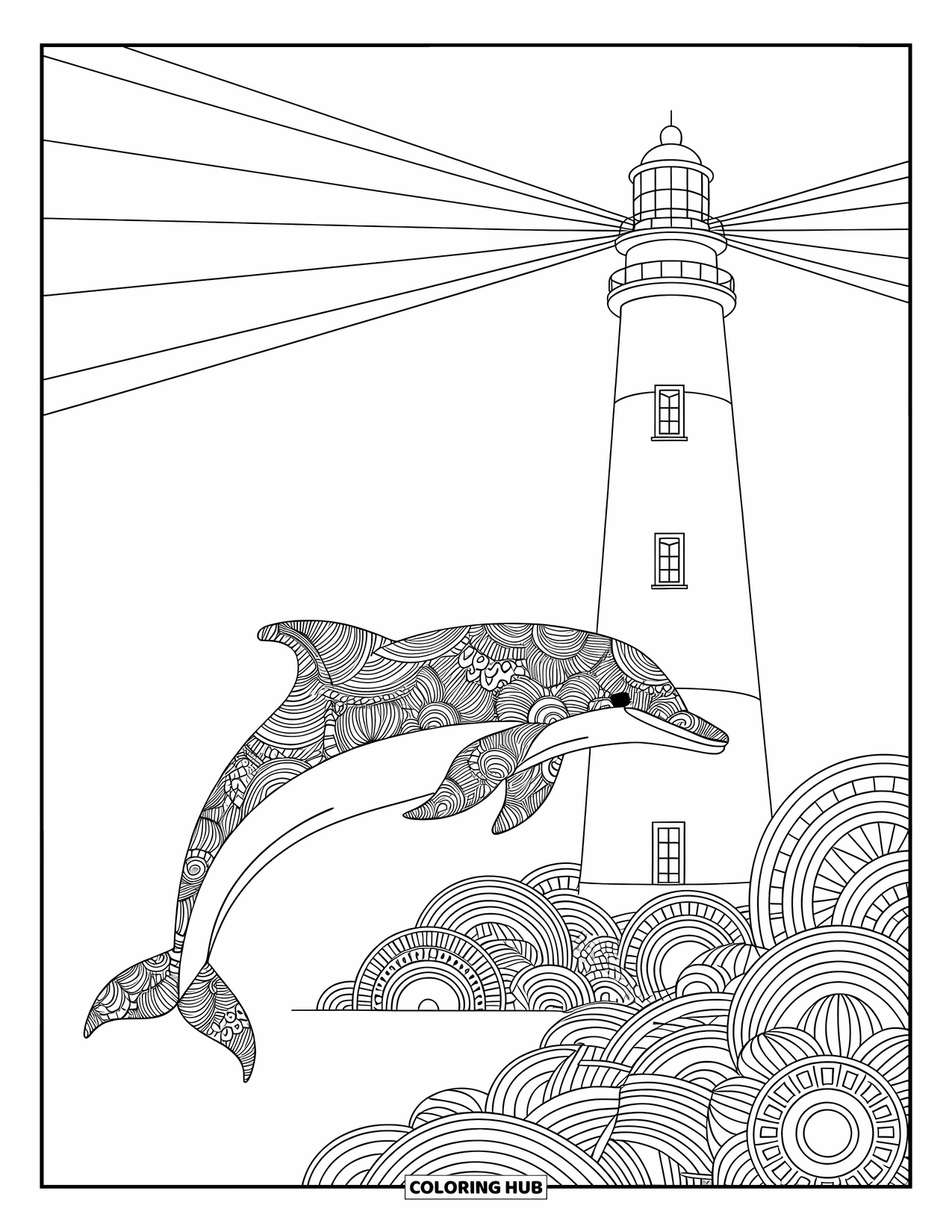 Dolphin Coloring Page for Adults: A mandala-patterned dolphin swimming gracefully beneath a lighthouse