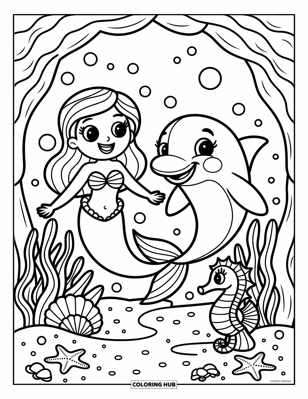 Dolphin Coloring Page for Adults: A mermaid and dolphin explore coral tunnels with a curious seahorse peeking out