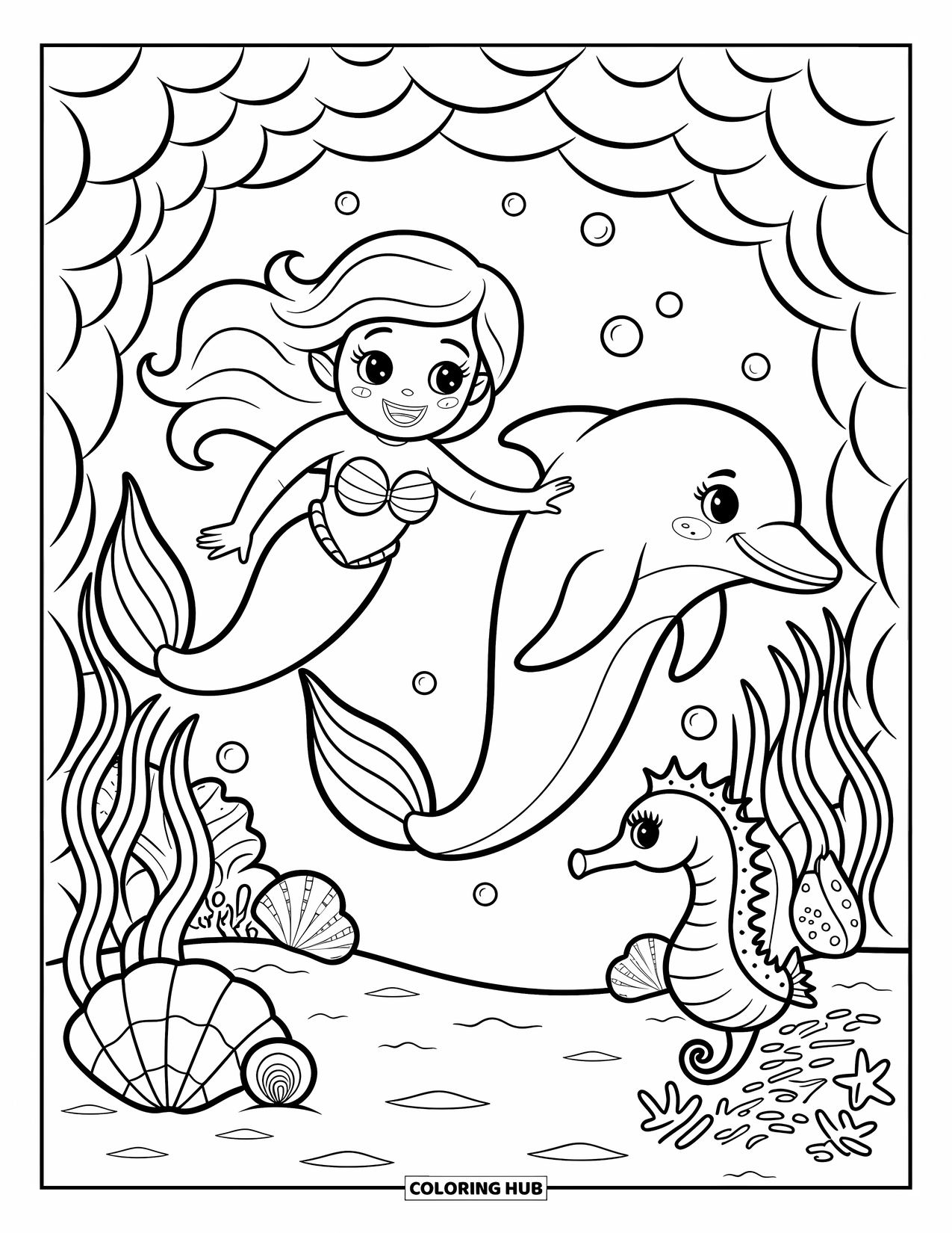 Dolphin Coloring Page for Adults: A mermaid and dolphin smile while swimming through corals with bubbles and seashells