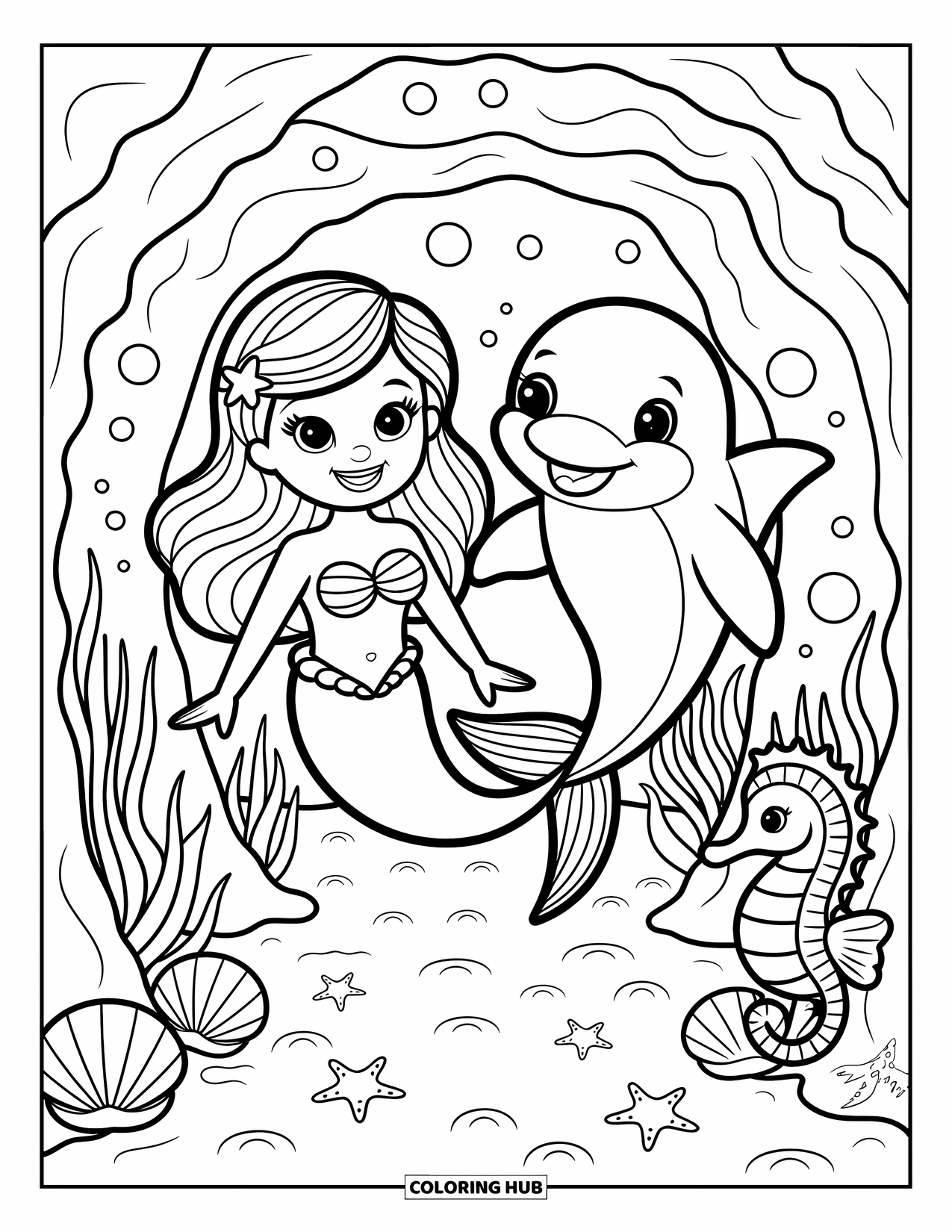 Dolphin Coloring Page for Adults: A mermaid and dolphin swim happily through coral arches with bubbles and seashells