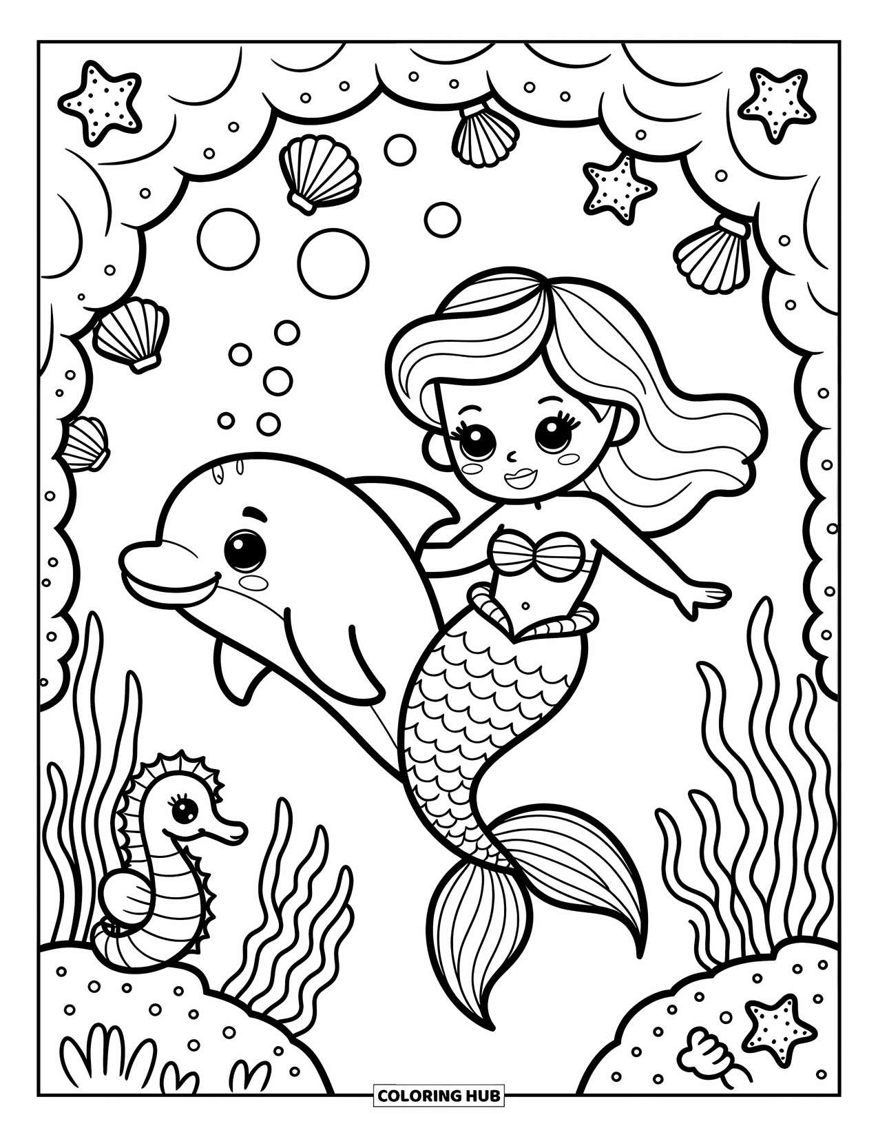 Dolphin Coloring Page for Adults: A mermaid and dolphin swim past corals and seaweed with starfish on the sand