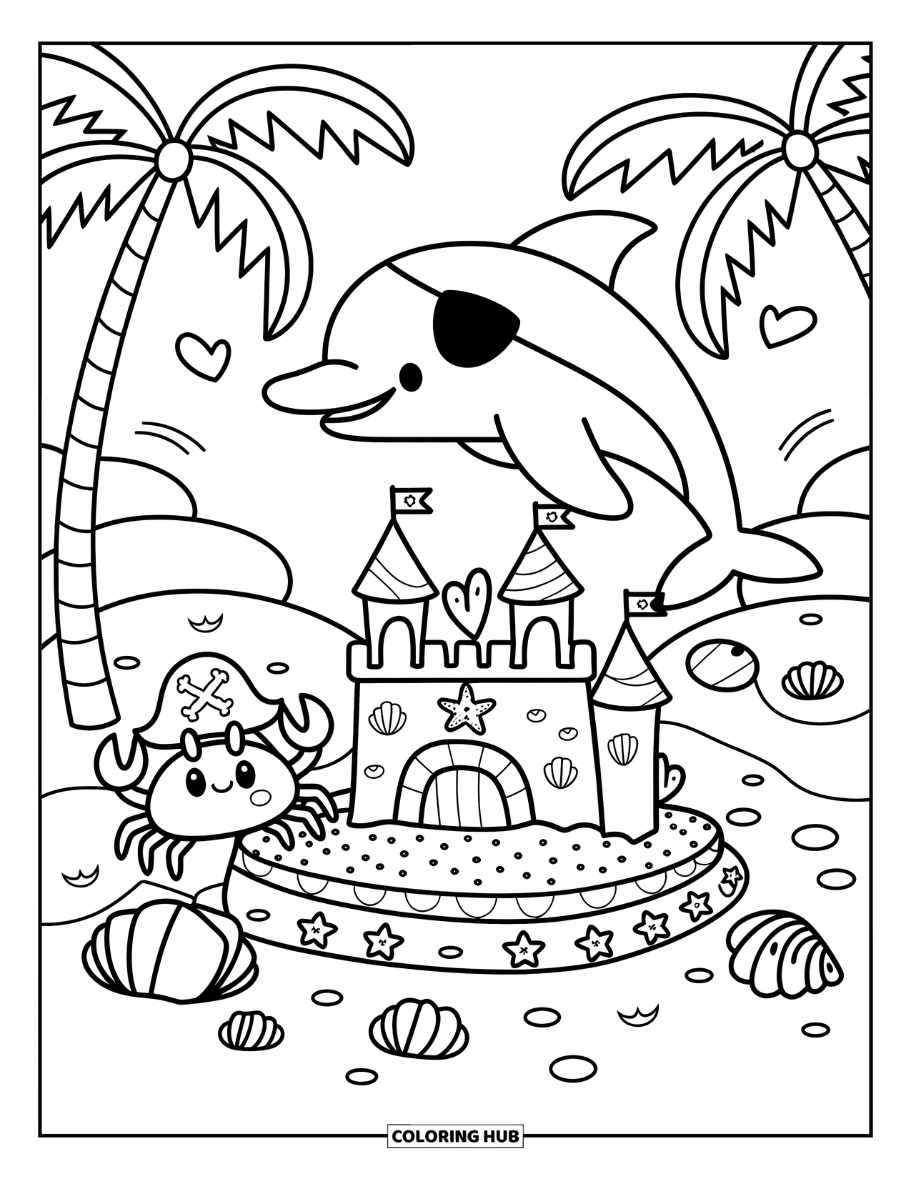 Dolphin Coloring Page for Adults: A playful dolphin and pirate crab protect a sandcastle with shells and flags