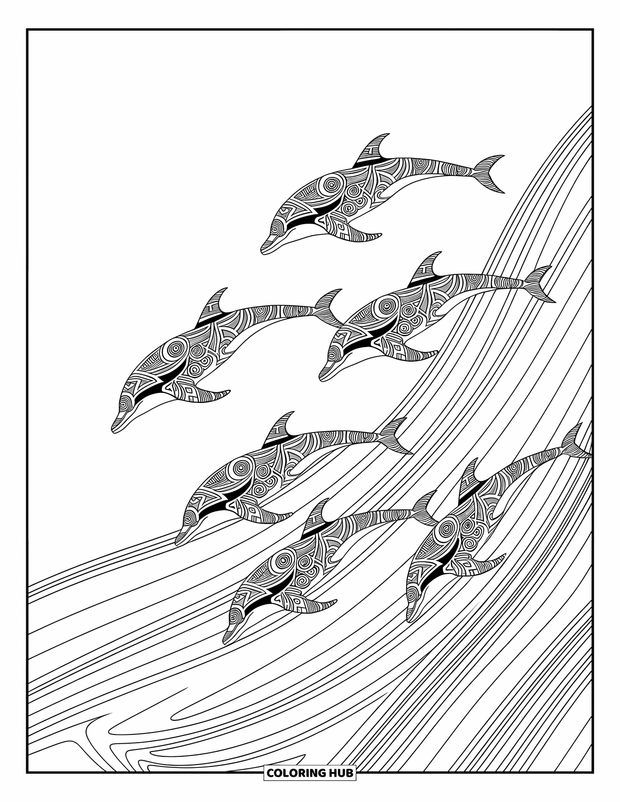 Dolphin Coloring Page for Adults: A pod of tribal-patterned dolphins swimming through swirling waters