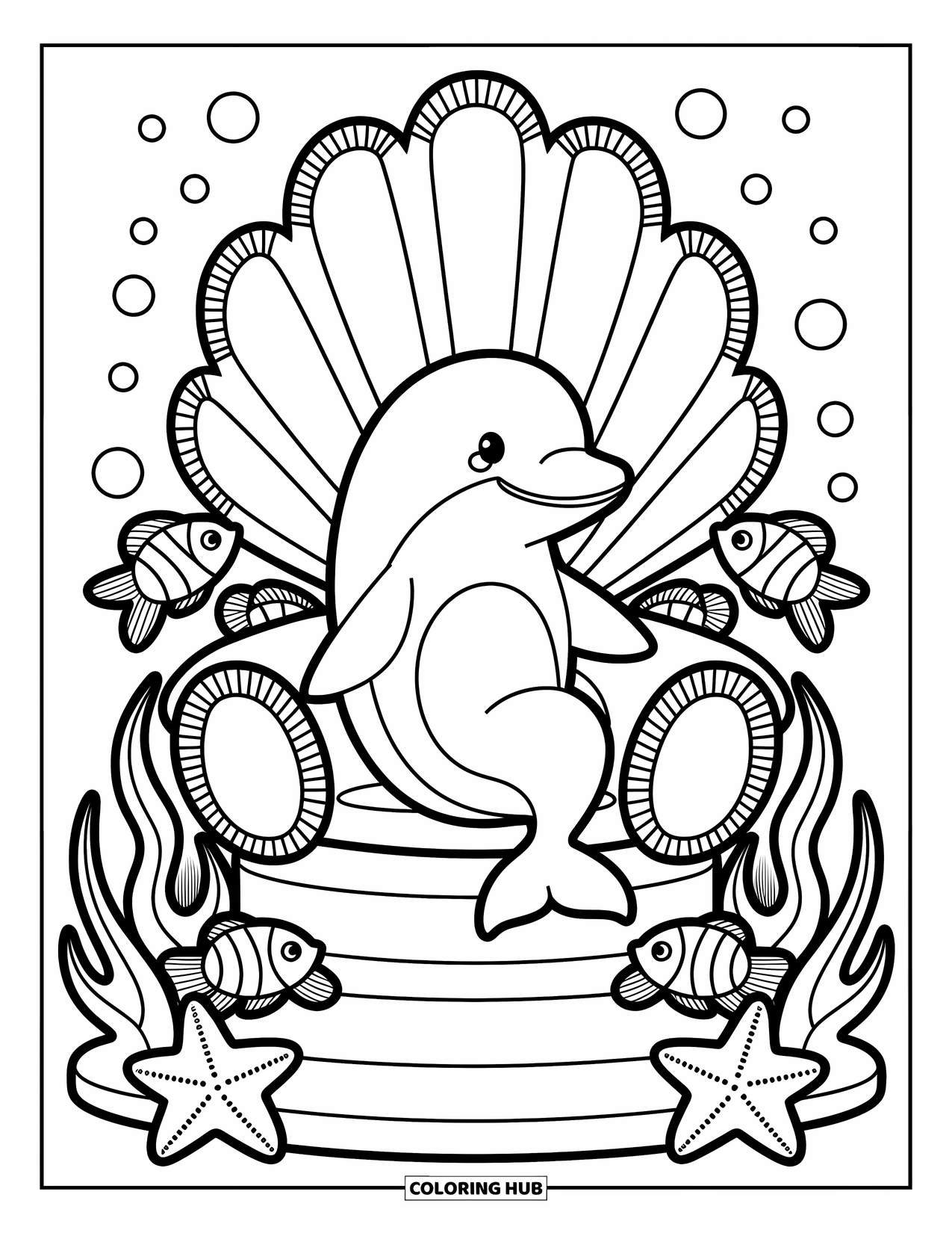 Dolphin Coloring Page for Adults: A regal dolphin on a seashell throne surrounded by fish and coral pillars