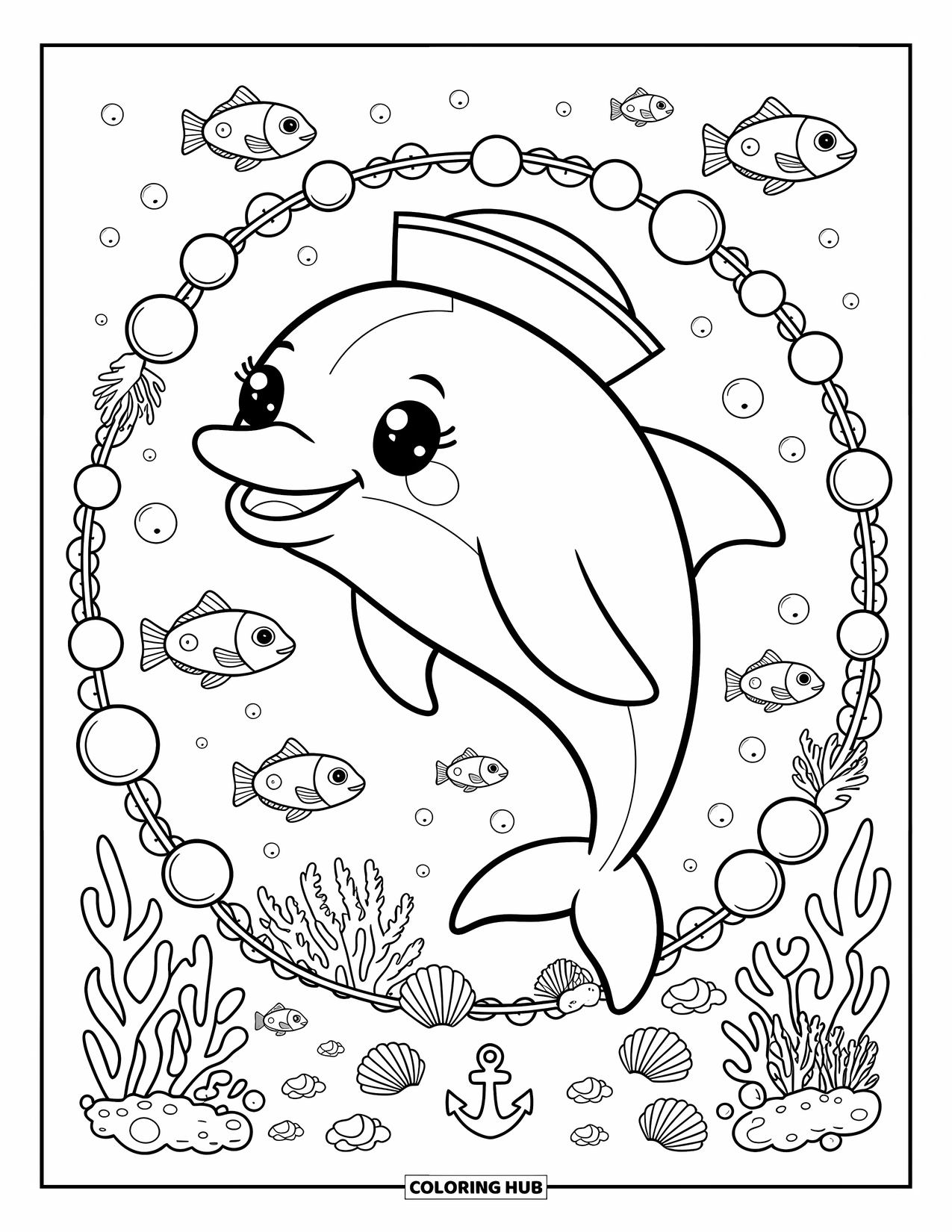 Dolphin Coloring Page for Adults: A sailor-hat dolphin jumps through bubbles with friendly fish and corals nearby