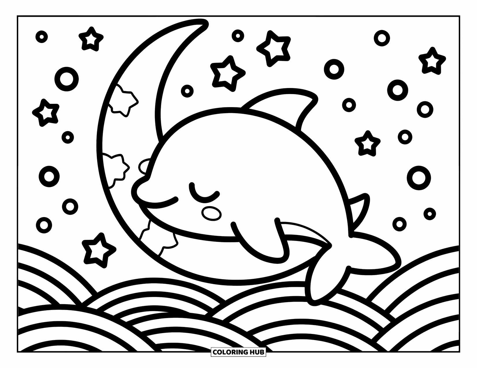 Dolphin Coloring Page for Adults: A sleepy dolphin rests on a crescent moon above soft waves and twinkling stars