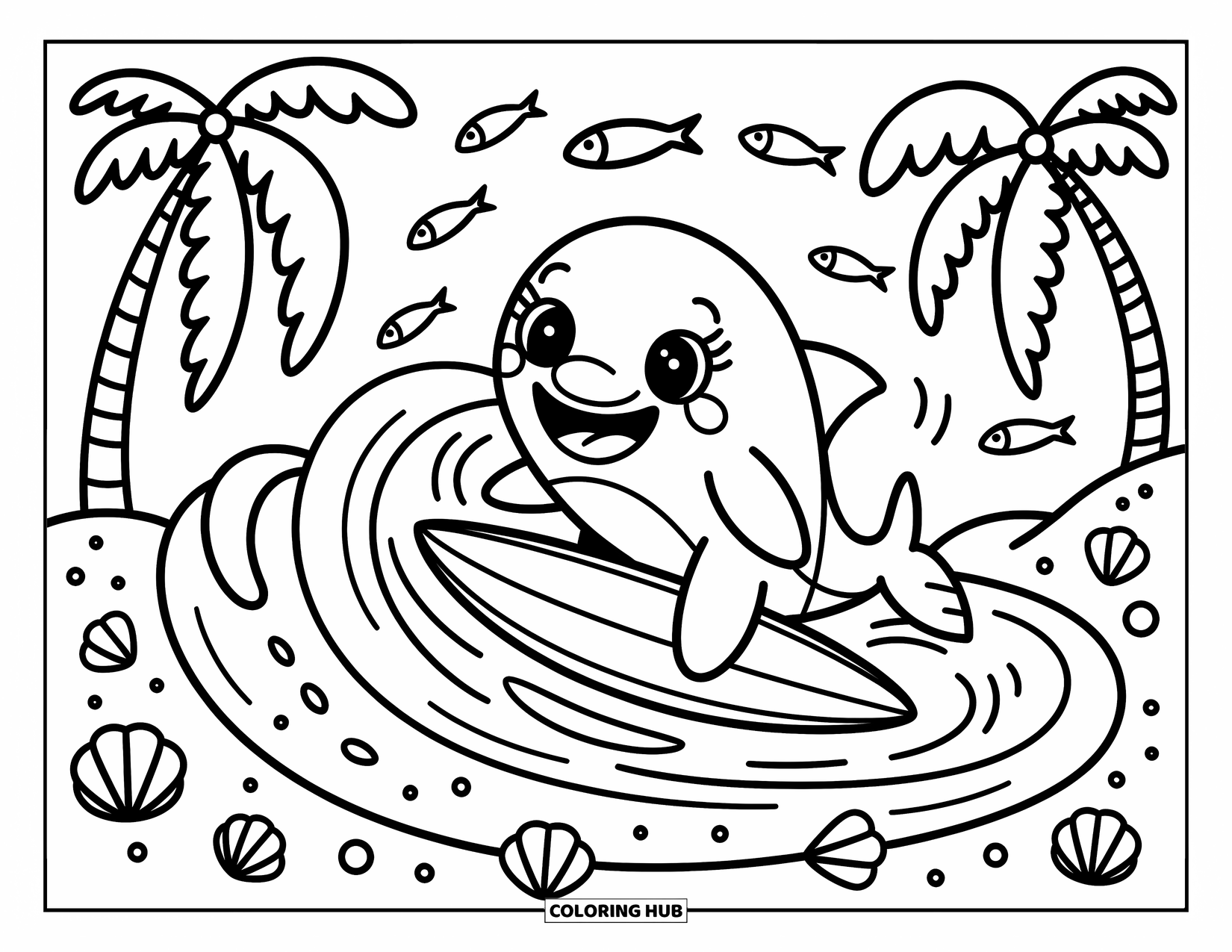 Dolphin Coloring Page for Adults: A smiling dolphin surfs over waves with seashells and leaping fish nearby