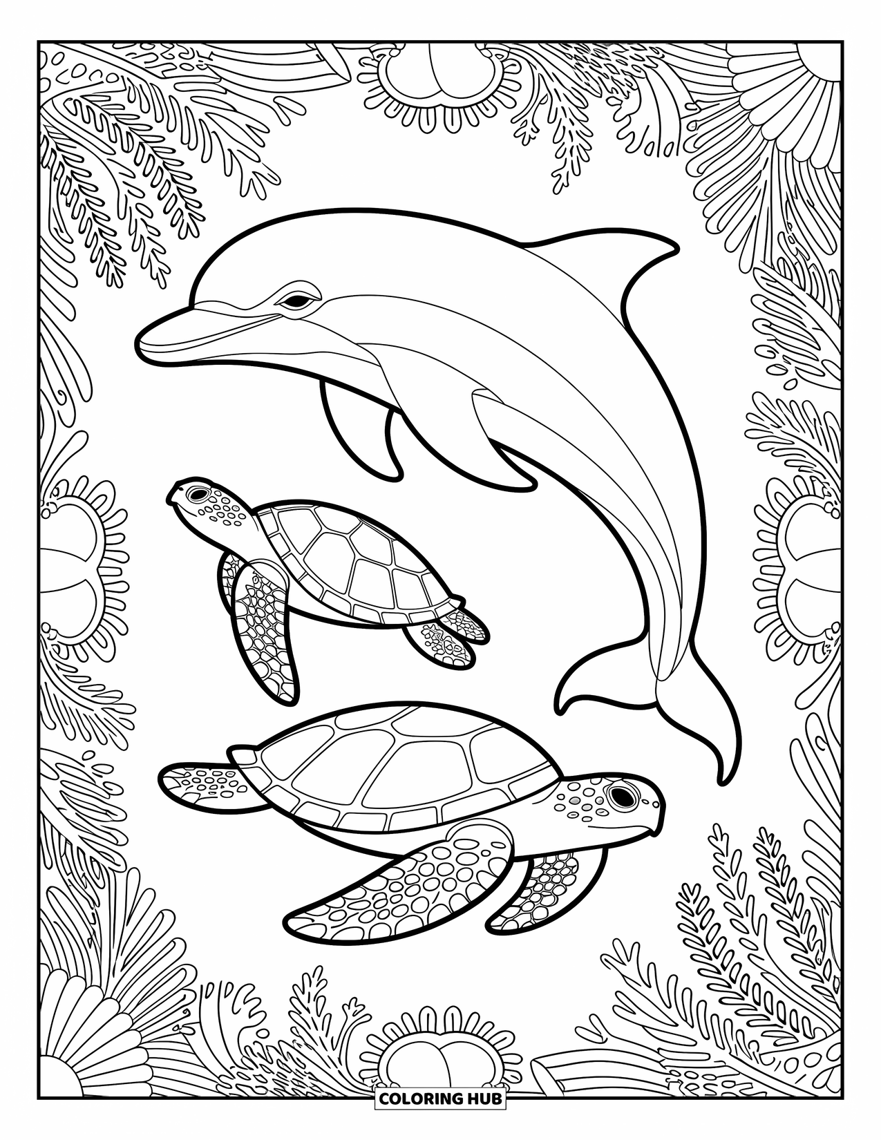 Dolphin Coloring Page for Adults: Dolphin and sea turtles swimming gracefully amid intricate underwater patterns