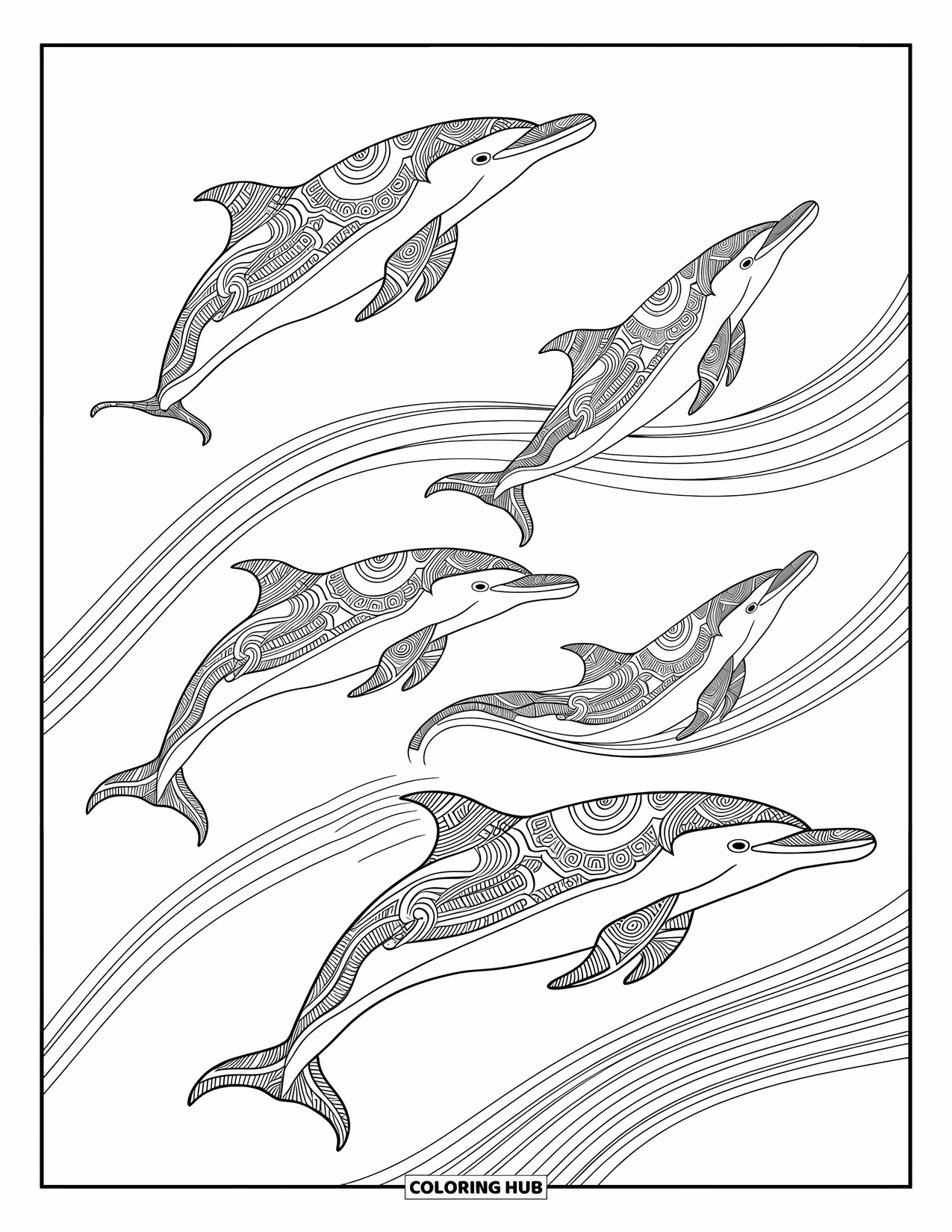 Dolphin Coloring Page for Adults: Dolphins with tribal designs swimming through swirling water currents