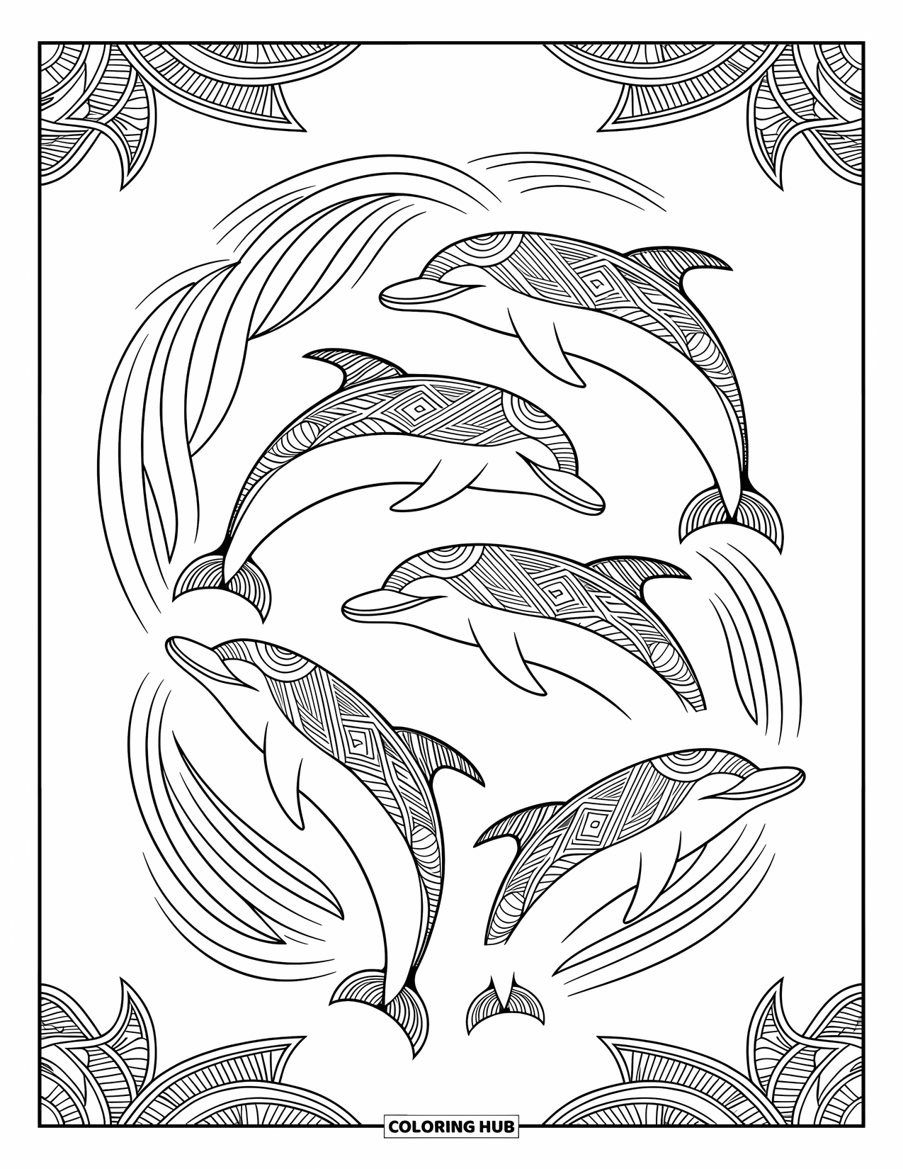 Dolphin Coloring Page for Adults: Dolphins with tribal patterns swimming gracefully through water currents