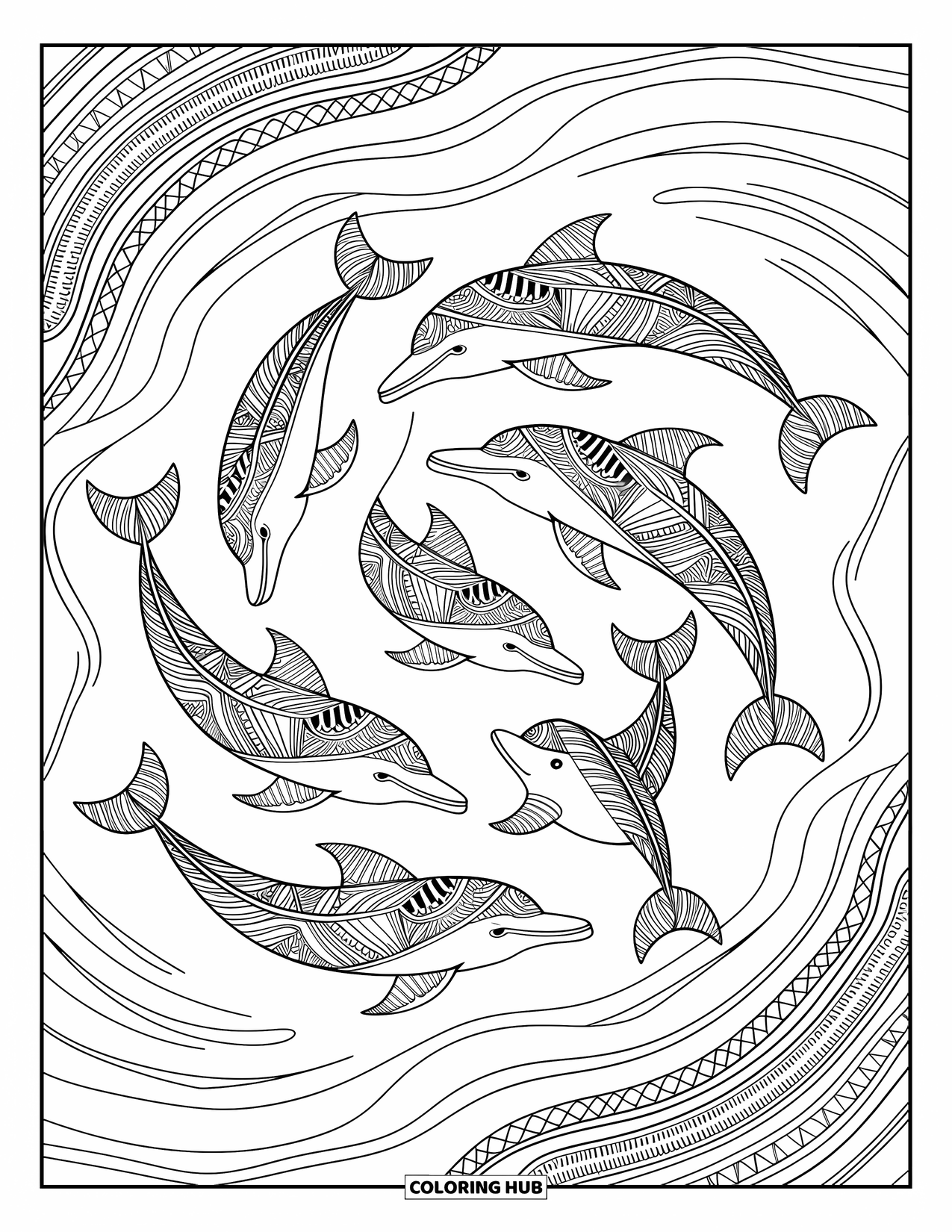 Dolphin Coloring Page for Adults: Tribal-patterned dolphins weaving gracefully through water currents