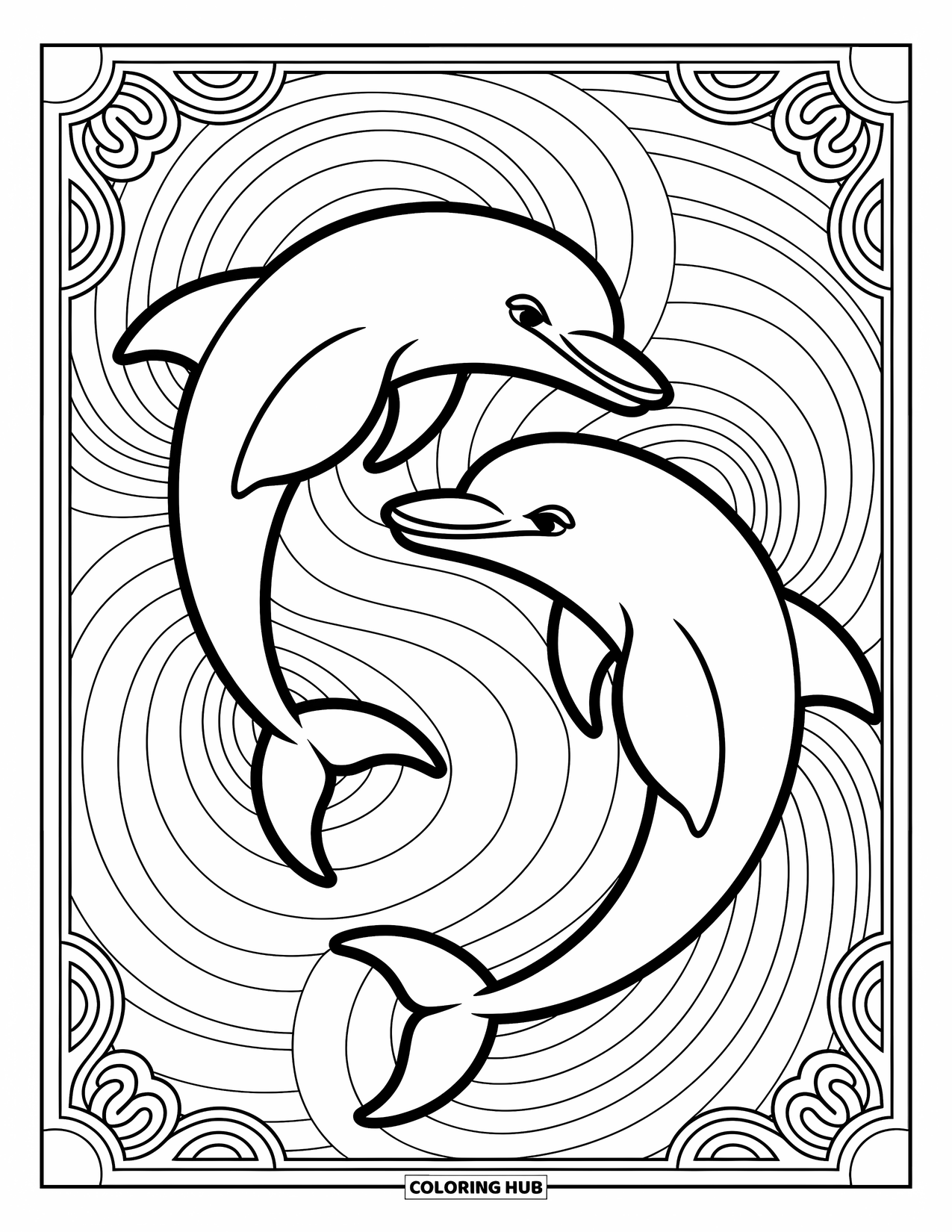 Dolphin Coloring Page for Adults: Two dolphins entwined in a yin-yang pose with intricate patterns