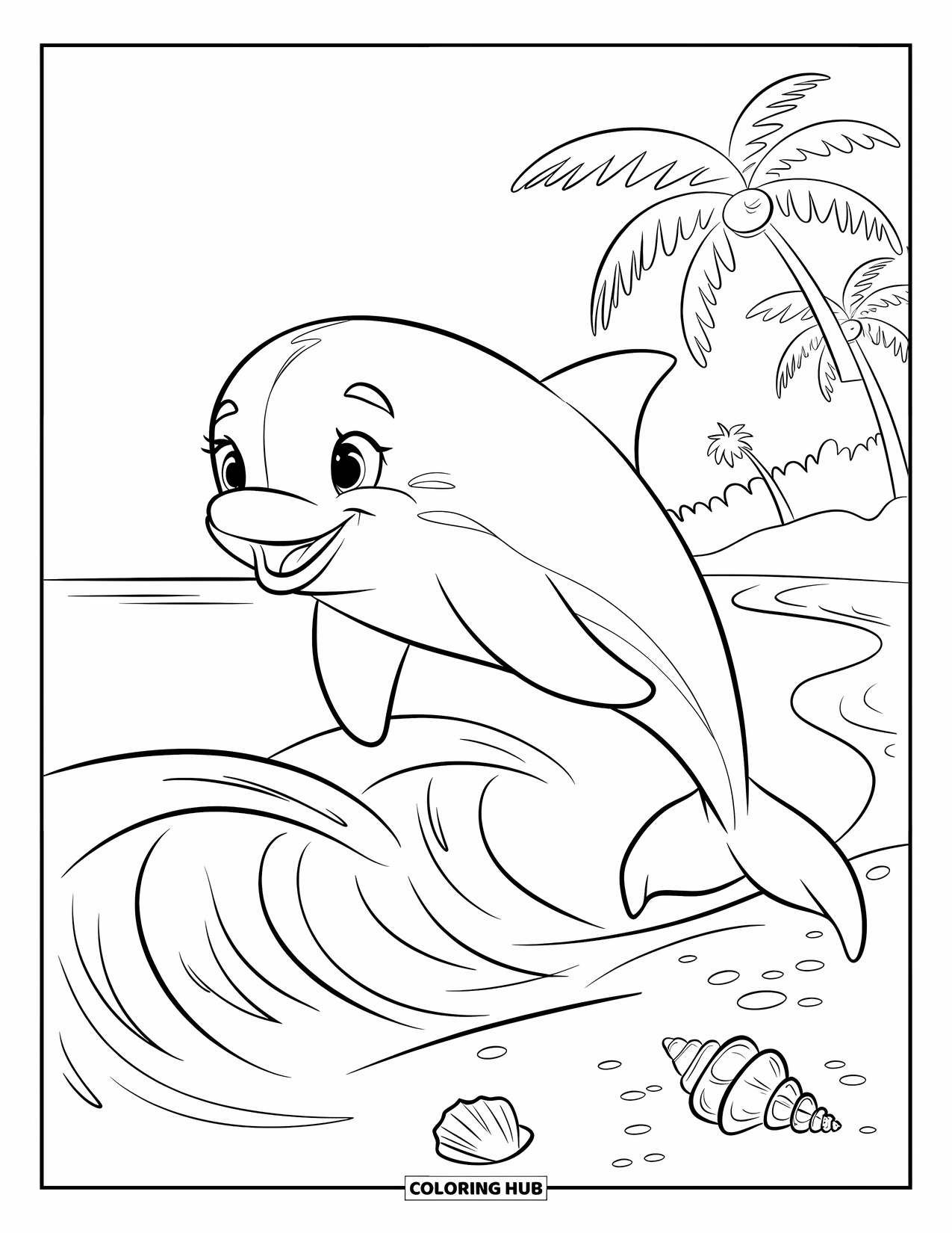 Dolphin Coloring Page for Kids: A cheerful dolphin jumping over waves with a few seashells