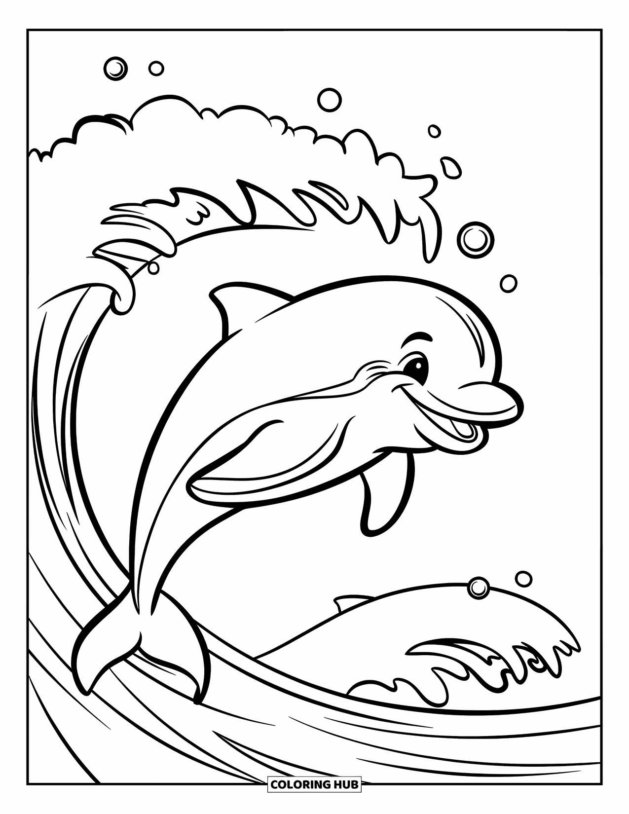 Dolphin Coloring Page for Kids: A cheerful dolphin leaping over a wave with a few bubbles