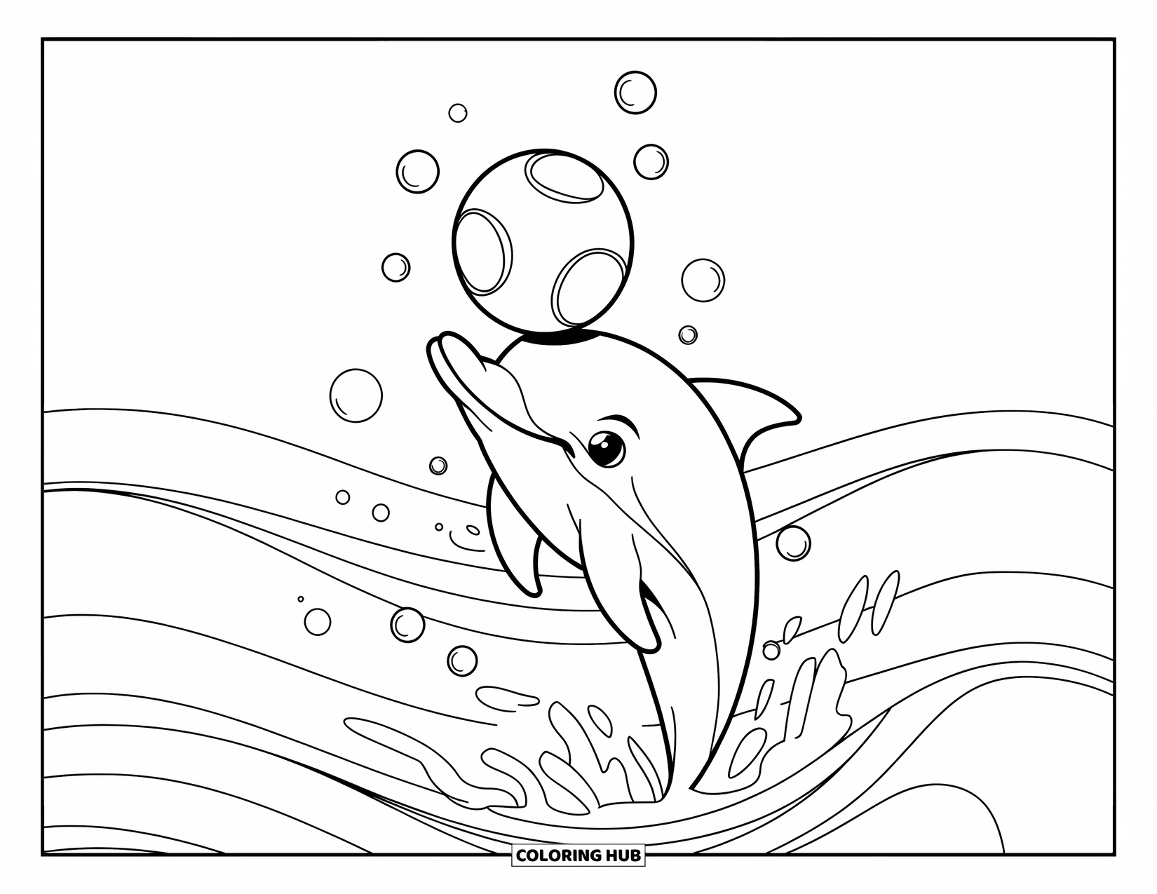 Dolphin Coloring Page for Kids: A cheerful dolphin showing off by balancing a ball on its nose