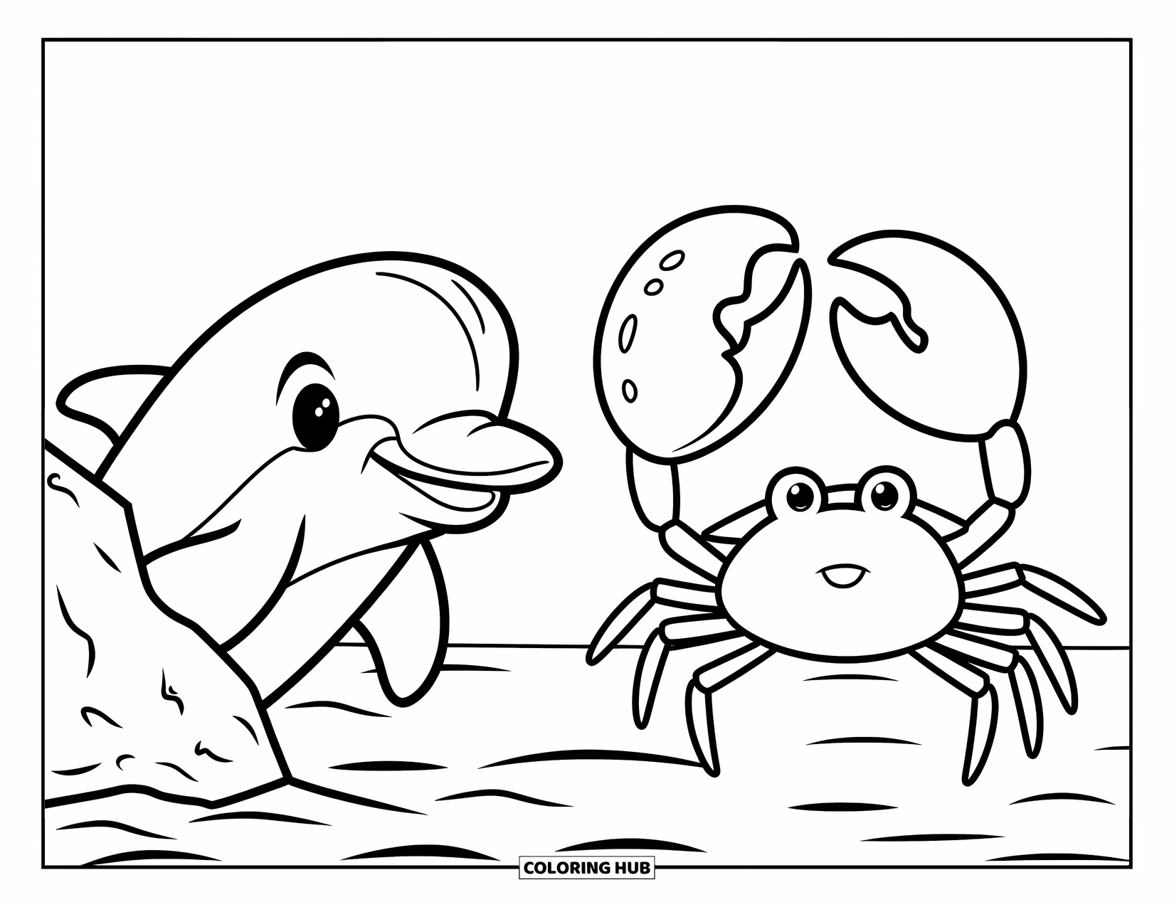 Dolphin Coloring Page for Kids: A curious dolphin peeking out while a crab holds a seashell