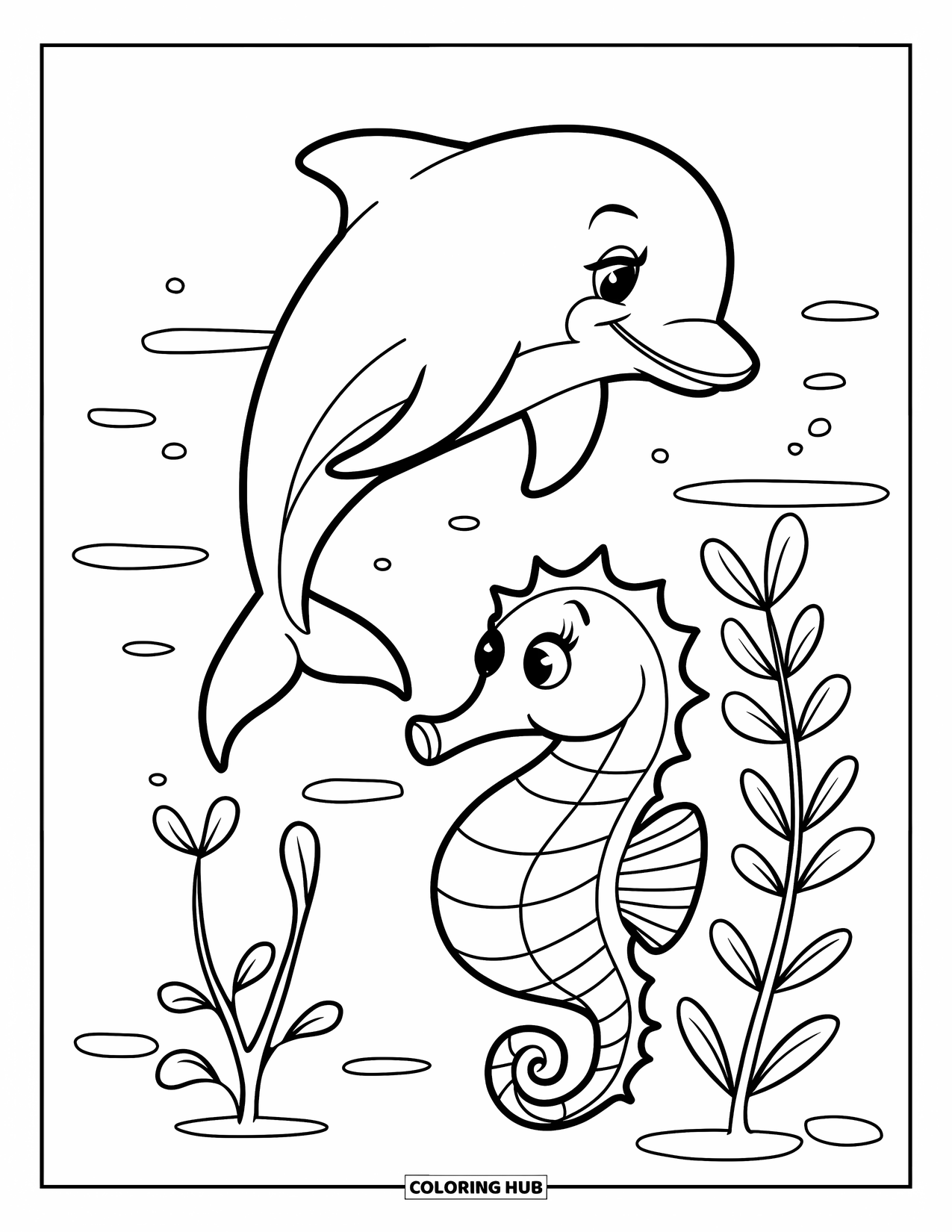Dolphin Coloring Page for Kids: A dolphin and a seahorse enjoying a swim near underwater plants