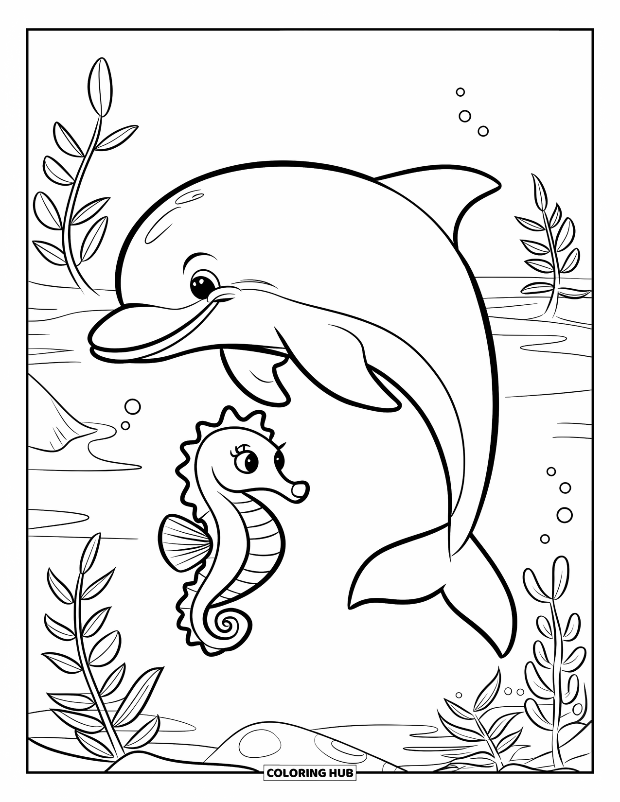 Dolphin Coloring Page for Kids: A dolphin and a seahorse playing among plants in clear water