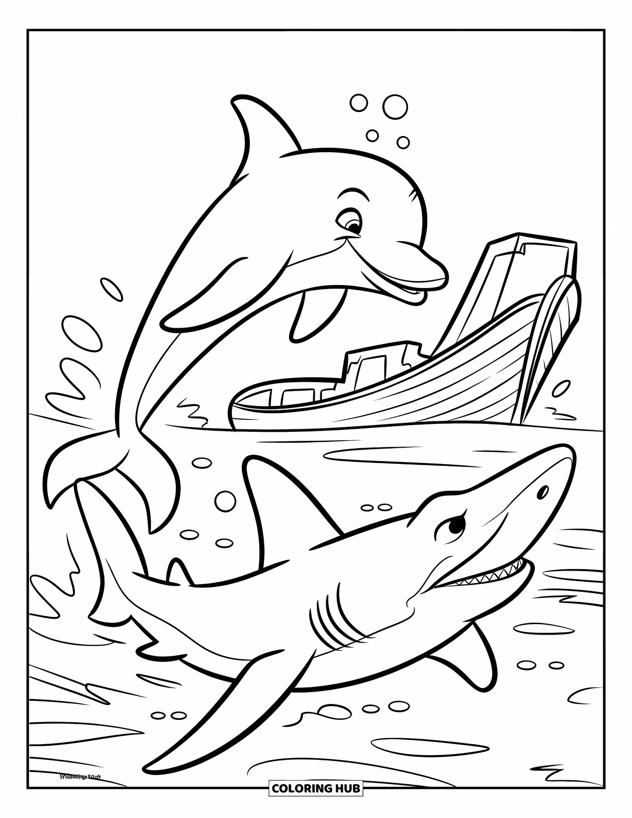 Dolphin Coloring Page for Kids: A dolphin and a shark playing near a shipwreck