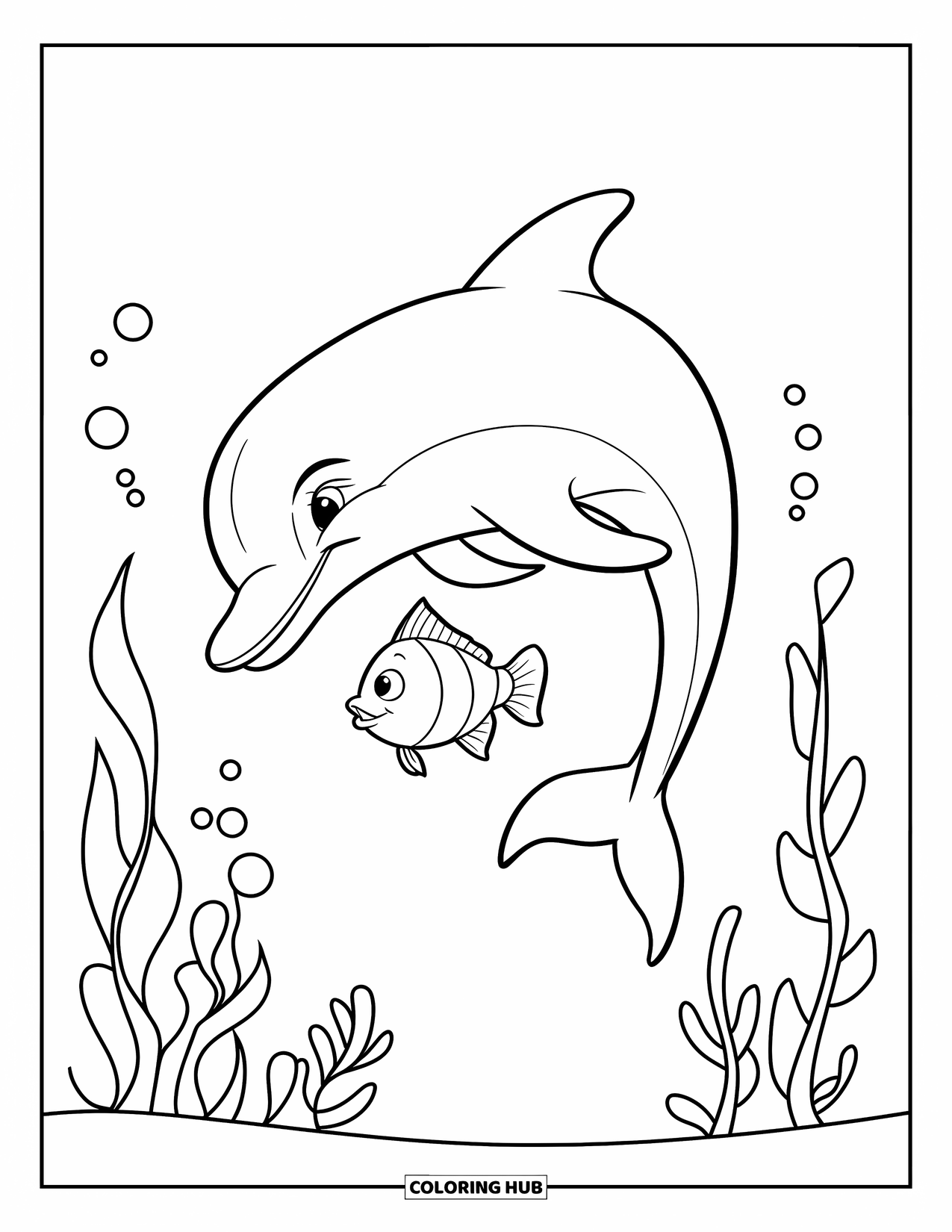 Dolphin Coloring Page for Kids: A dolphin and a small fish swimming together with simple seaweed