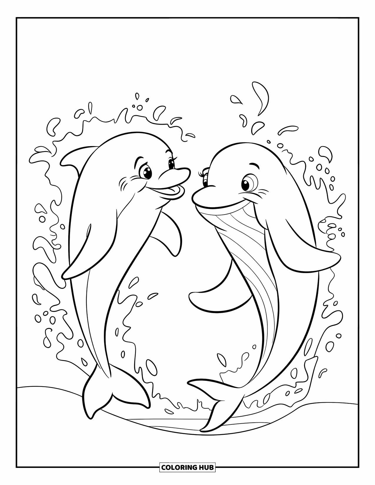 Dolphin Coloring Page for Kids: A dolphin and a whale happily facing each other with water splashes