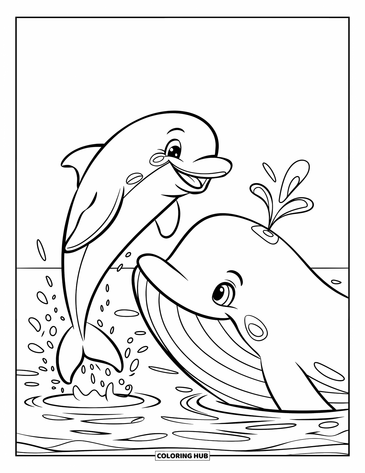 Dolphin Coloring Page for Kids: A dolphin and a whale sharing smiles with water splashes around
