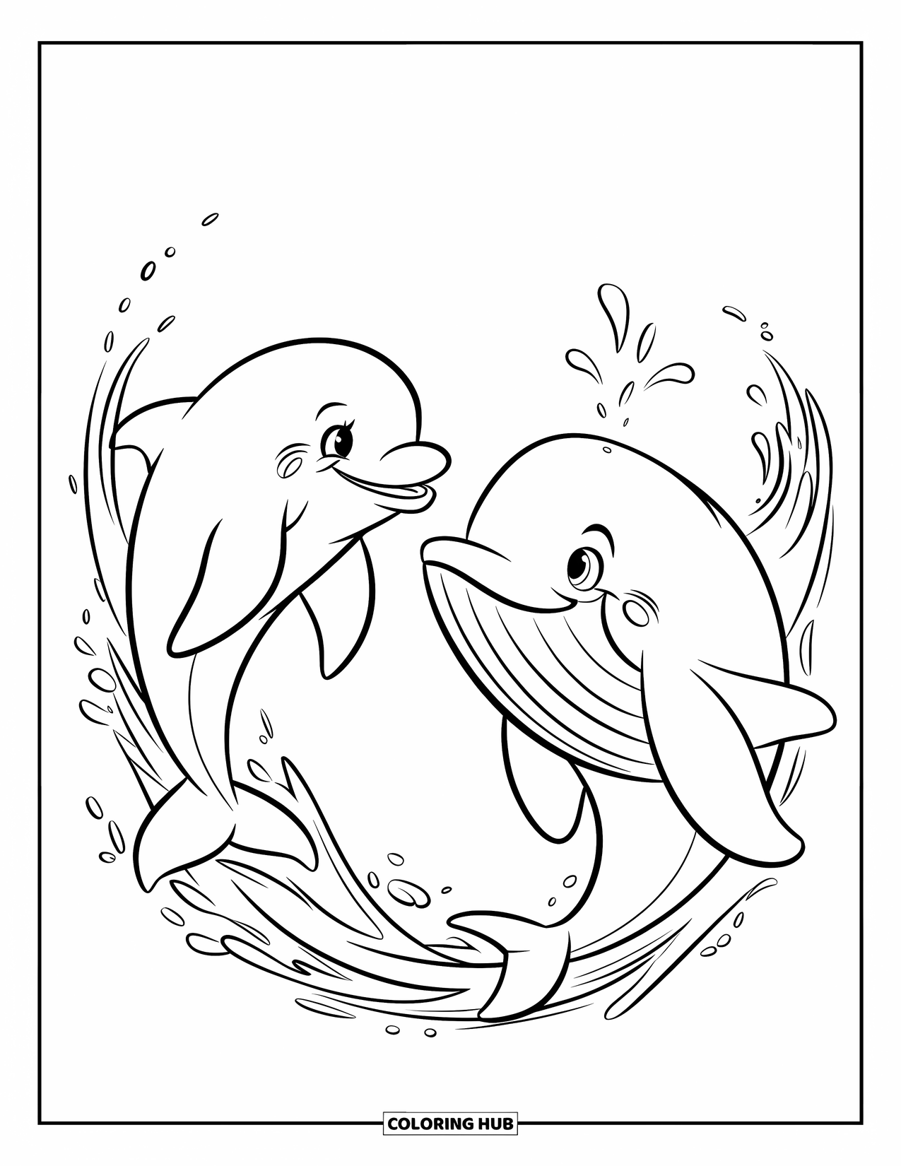 Dolphin Coloring Page for Kids: A dolphin and a whale smiling at each other with water splashes