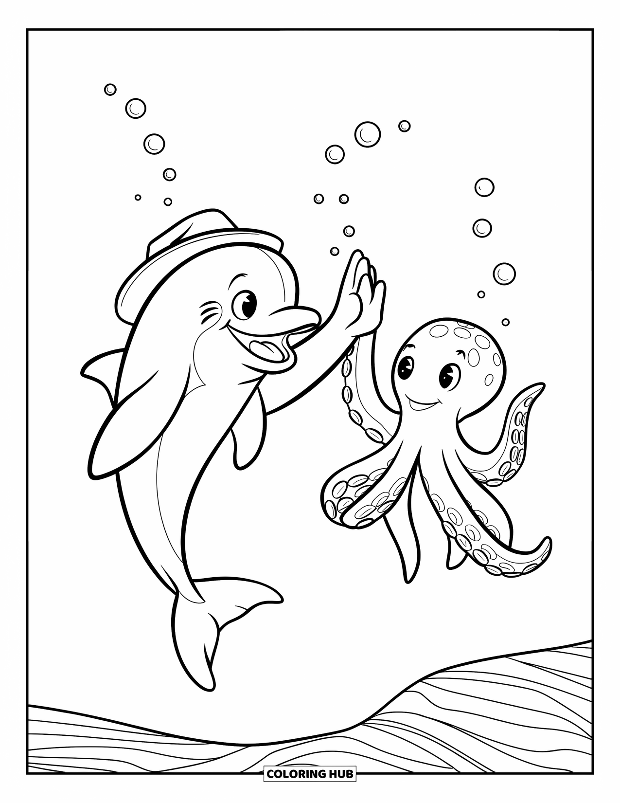 Dolphin Coloring Page for Kids: A dolphin and an octopus high-fiving underwater with bubbles around them