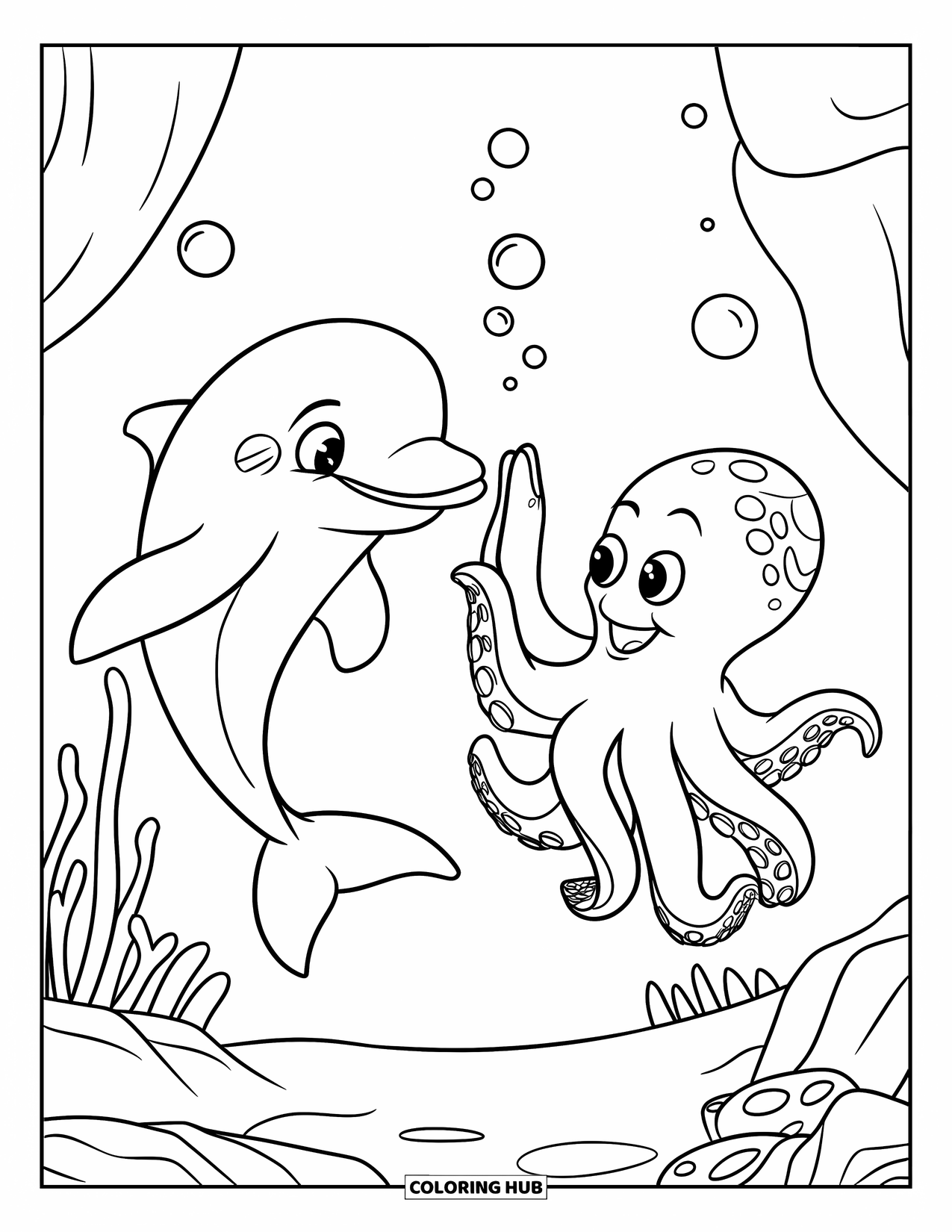 Dolphin Coloring Page for Kids: A dolphin and an octopus sharing a high-five underwater with bubbles floating around
