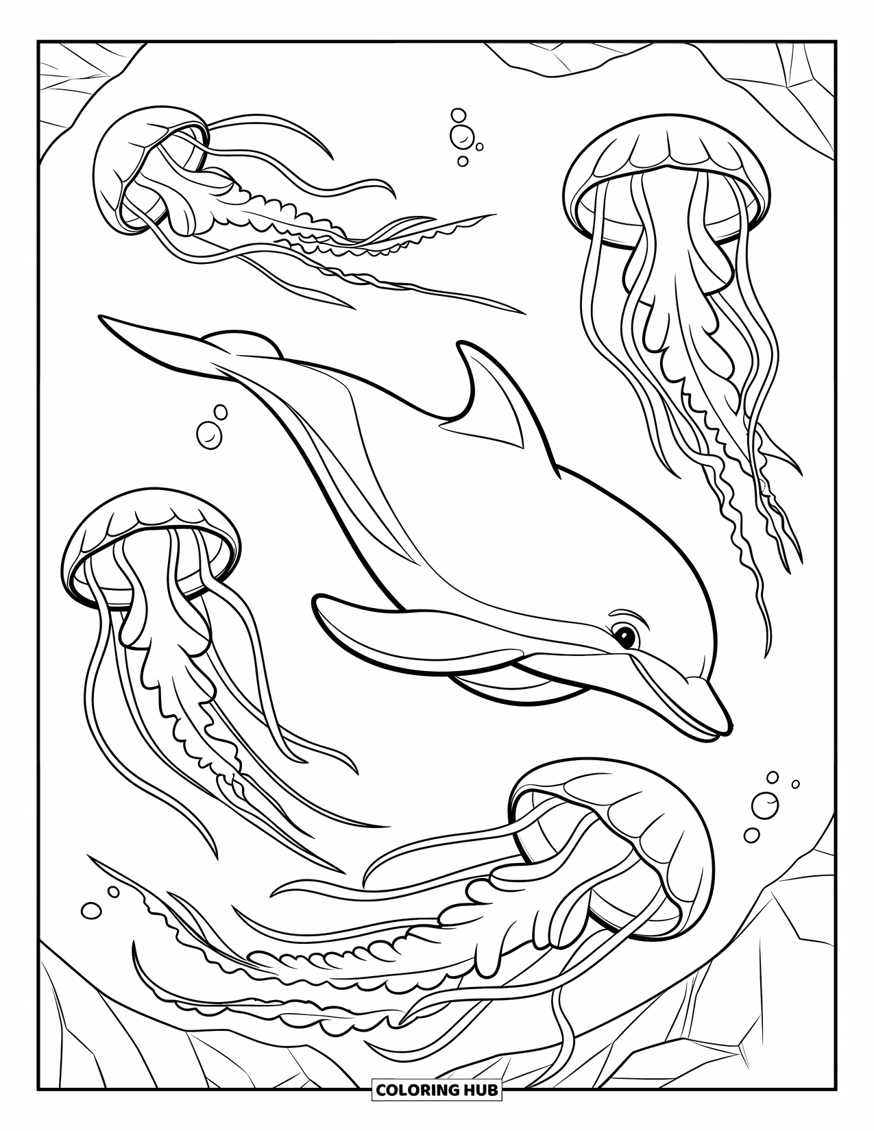 Dolphin Coloring Page for Kids: A dolphin and shark chasing each other by sunken ruins
