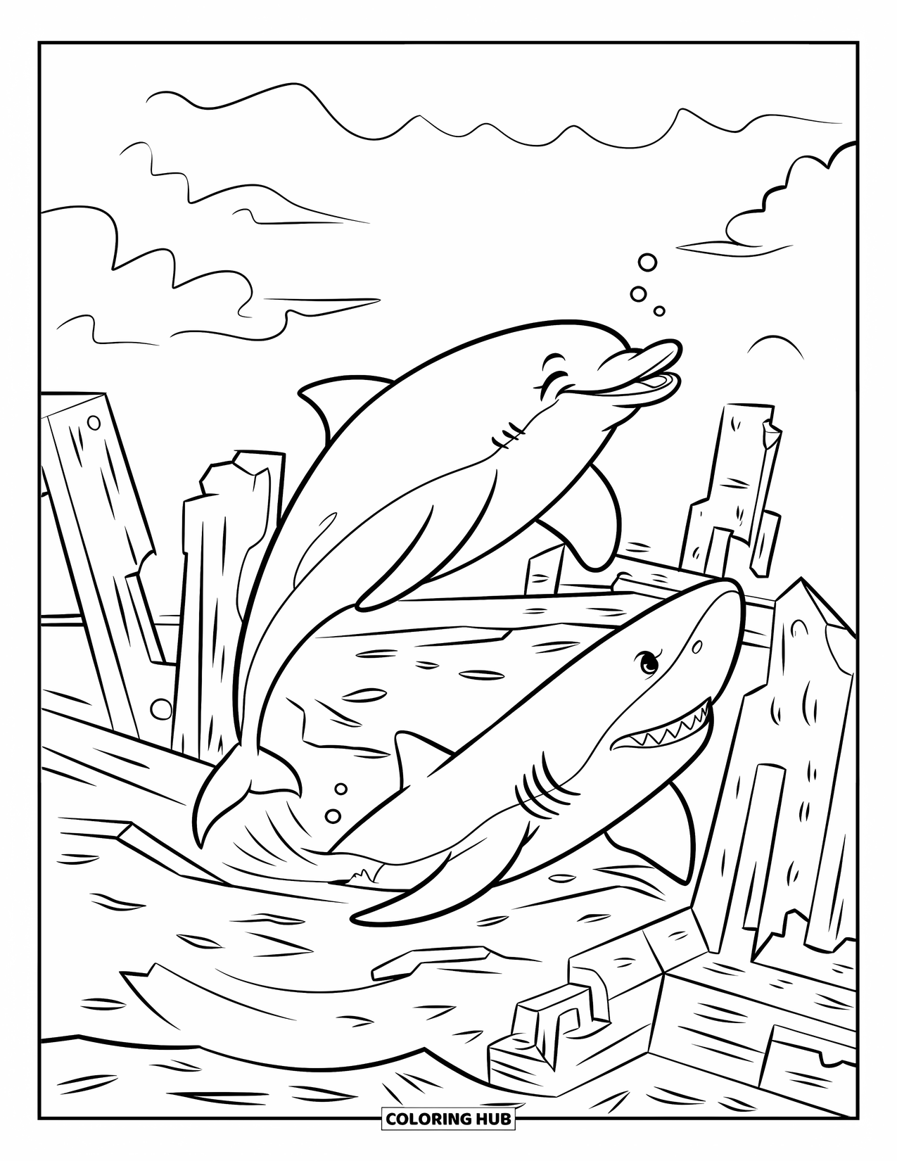 Dolphin Coloring Page for Kids: A dolphin and shark playfully chasing around shipwreck ruins