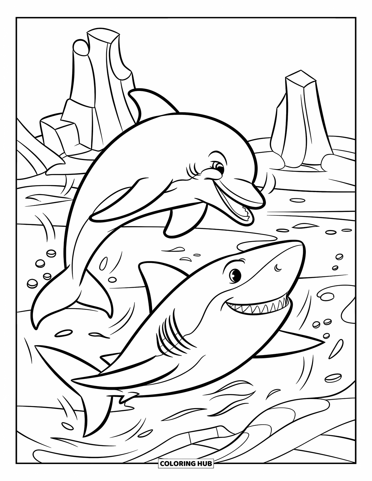 Dolphin Coloring Page for Kids: A dolphin and shark playfully chasing around shipwreck ruins