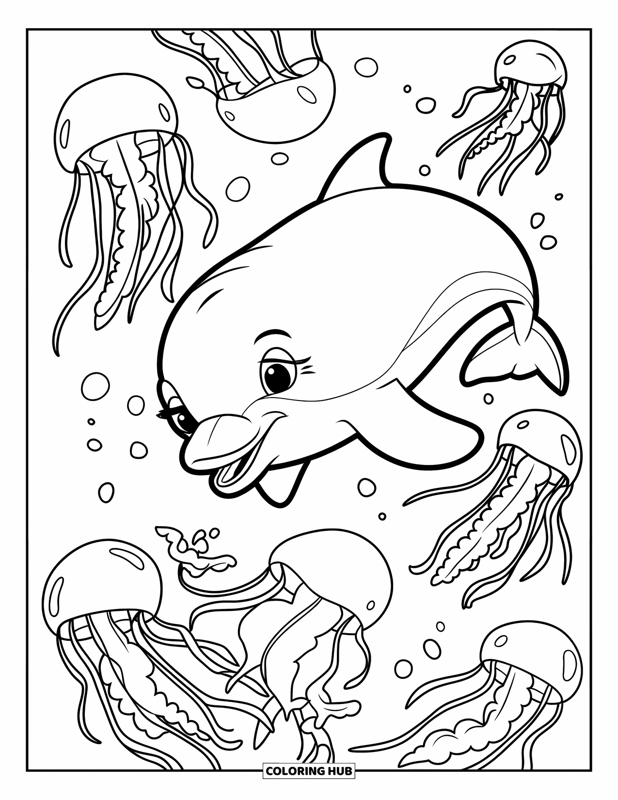 Dolphin Coloring Page for Kids: A dolphin and shark playing near a shipwreck under cloudy skies