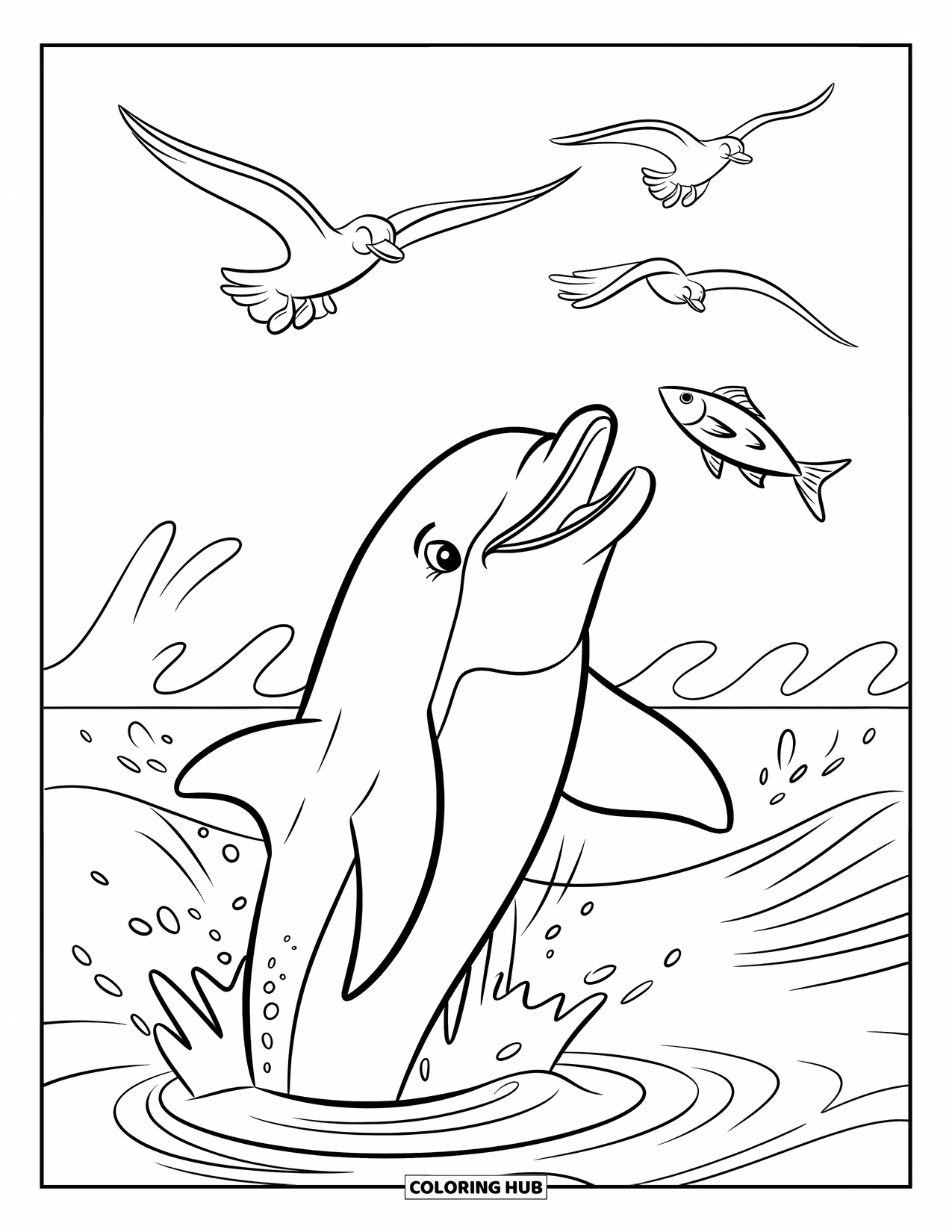 Dolphin Coloring Page for Kids: A dolphin breaching the water, catching a fish mid-air